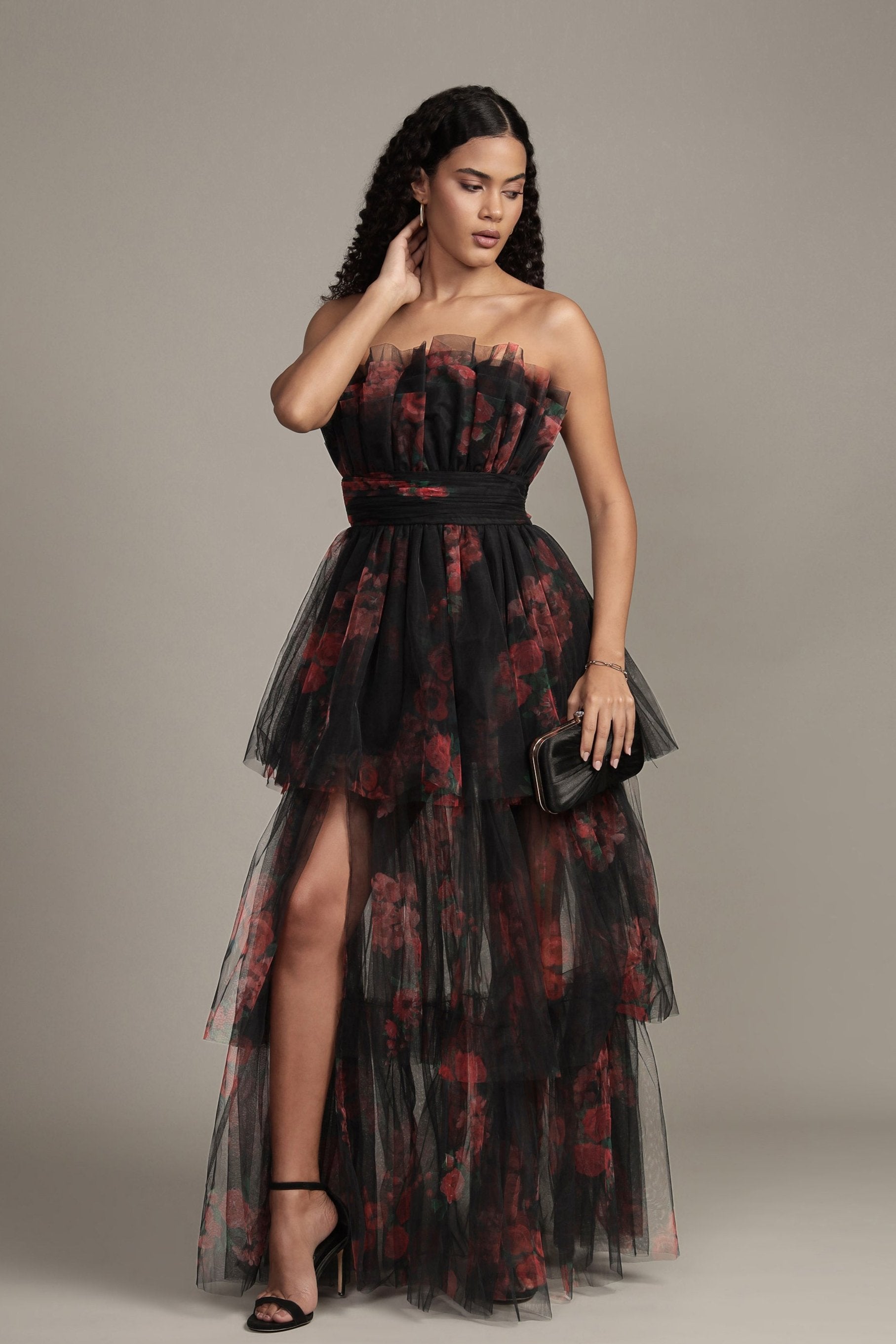 Natalia Black and Red Floral Tulle Maxi Dress for Women - Elegant Evening Gown for Weddings, Parties & Special Occasions