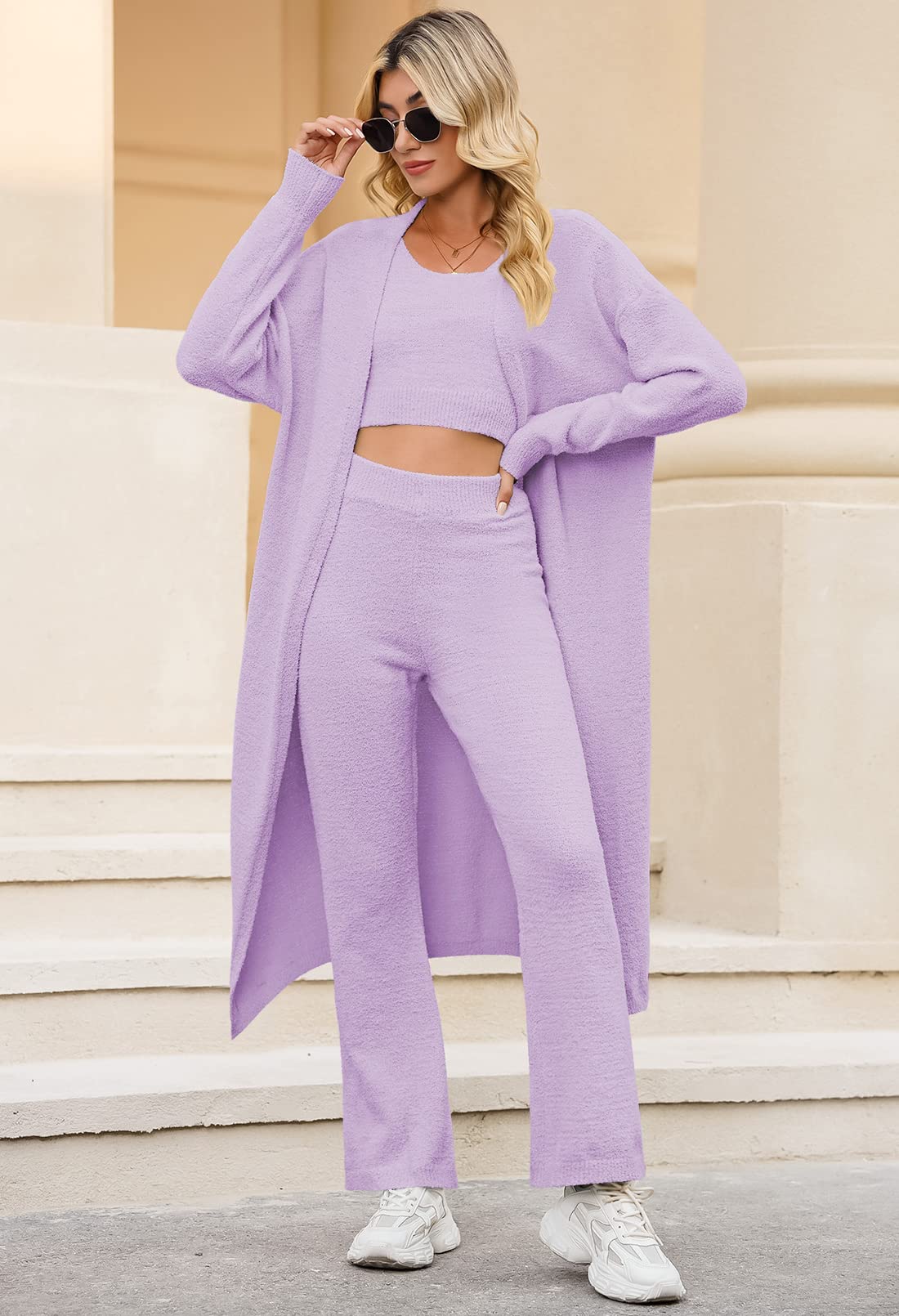 Linsery Women's 3-Piece Fuzzy Lounge Set - Cozy Sherpa Crop Vest & Wide Leg Pants, Soft Winter Loungewear Outfit in Purple (Size XL) - Perfect for Relaxing at Home, Yoga, or Casual Winter Wear