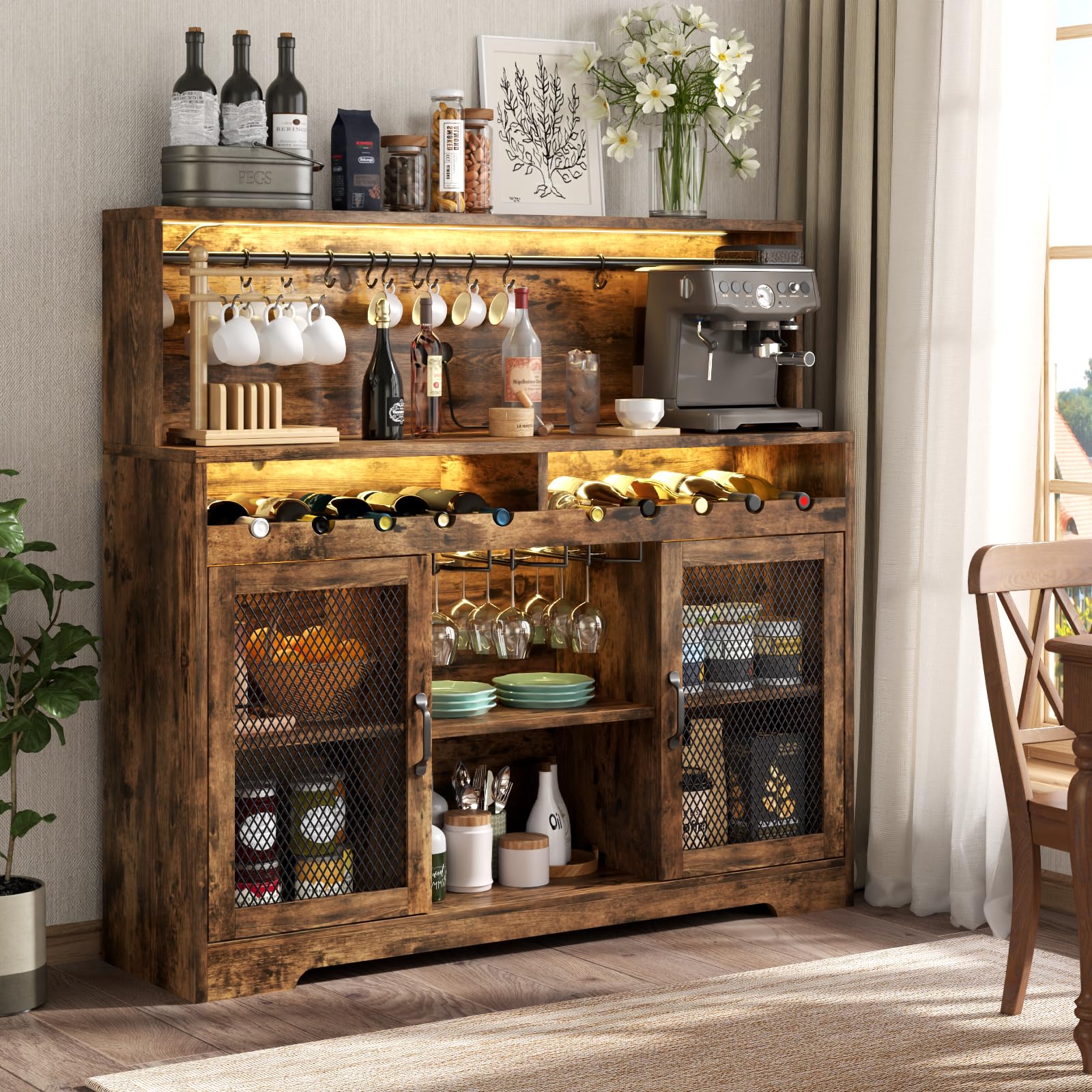 Rustic Wine Bar Cabinet with LED Lights & Glass Holder - Coffee & Liquor Storage Buffet Cabinet with Wine Racks & Mesh Door - Perfect for Home Bars, Dining Rooms & Entertaining Spaces