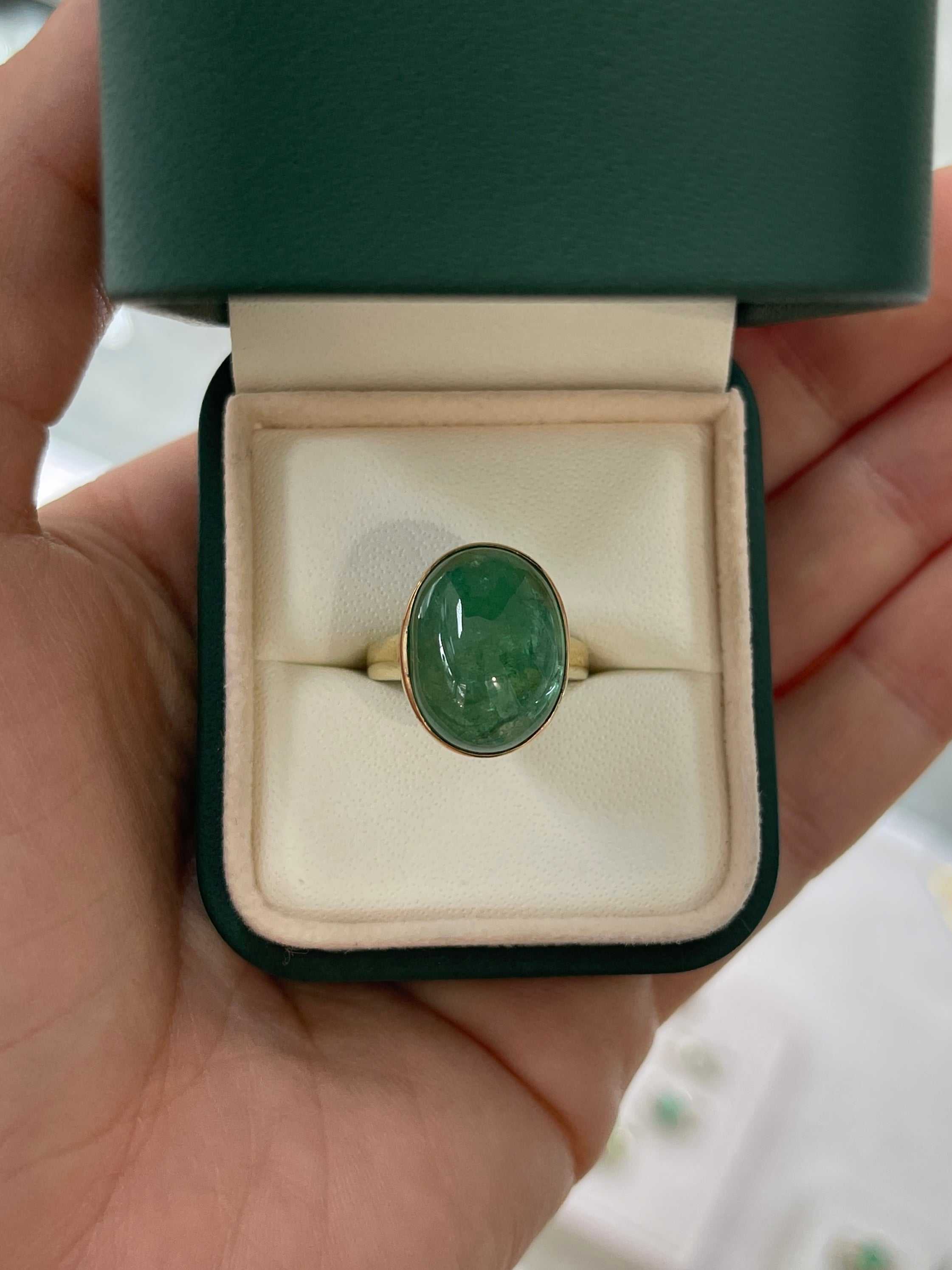 16.37 Carat Large Deep Green Cabochon Emerald Solitaire Bezel Ring in 14K Gold - Elegant Jewelry for Weddings, Anniversaries & Special Occasions