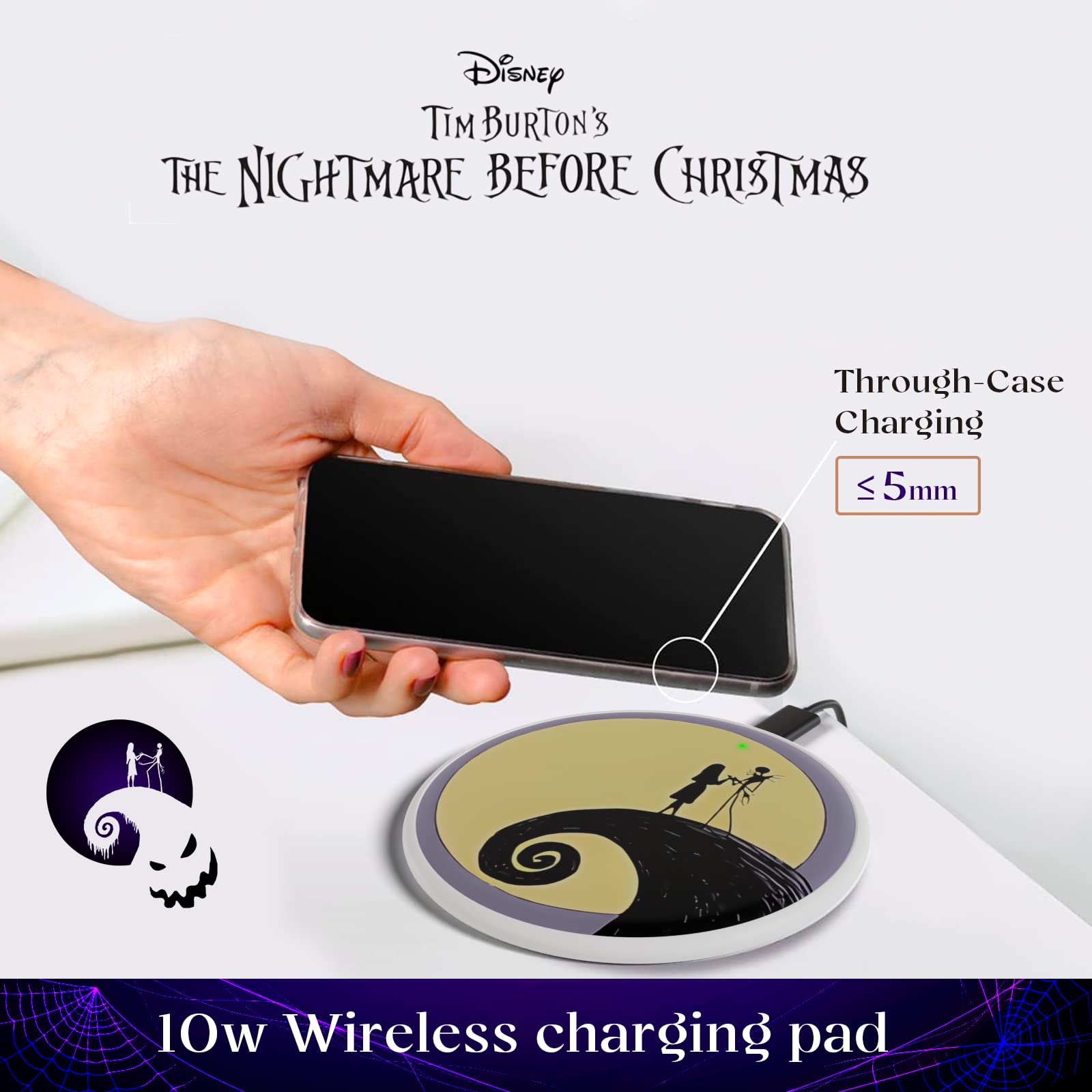Tim Burton’s The Nightmare Before Christmas Wireless Charging Pad - Jack and Sally Themed Qi-Certified Fast Charger - Perfect Gift for Disney Fans (Men & Women) - Ideal for Bedside, Office Desk & Nightstand Decor