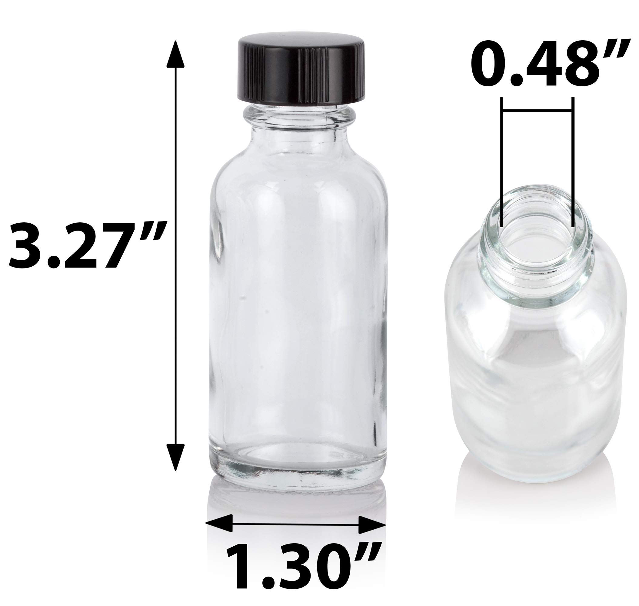 JUVITUS 1 oz (30 ml) Clear Glass Boston Round Bottles with Airtight Phenolic Caps - 24 Pack + Free Funnel - Perfect for Essential Oils, DIY Beauty Products & Travel-Sized Liquids