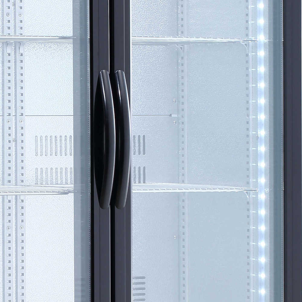 AG 477L Upright Double Glass Door Commercial Refrigerator - Black Stainless Steel Display Cooler for Restaurants, Bars, and Retail Stores - Perfect for Beverage Storage and Merchandise Display