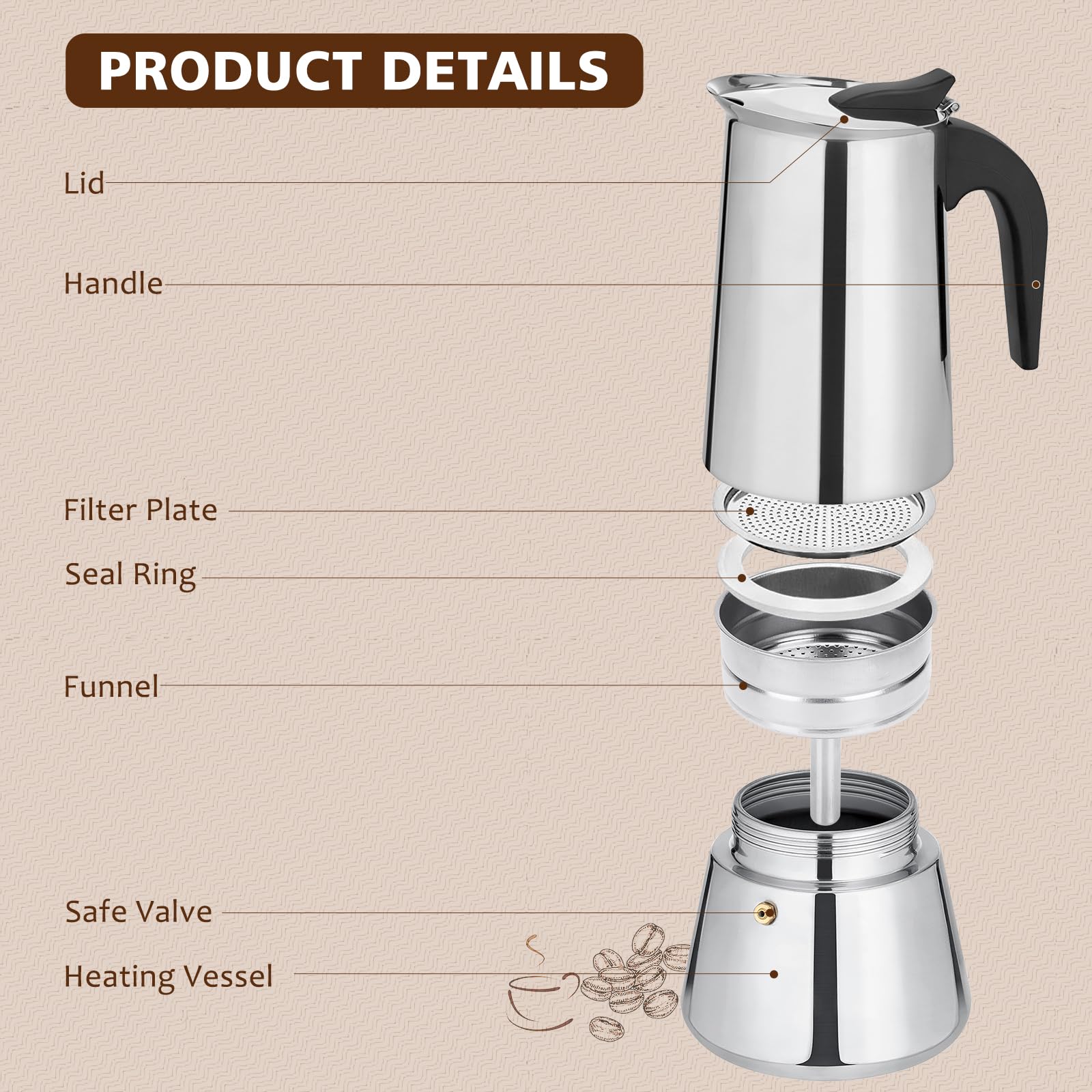 12 Cup Stovetop Espresso Maker - Italian Moka Pot Coffee Percolator, 600ml/20oz Stainless Steel Espresso Machine for Induction Cooktops & Gas Stoves - Perfect for Home Brewing & Cafe Style Coffee