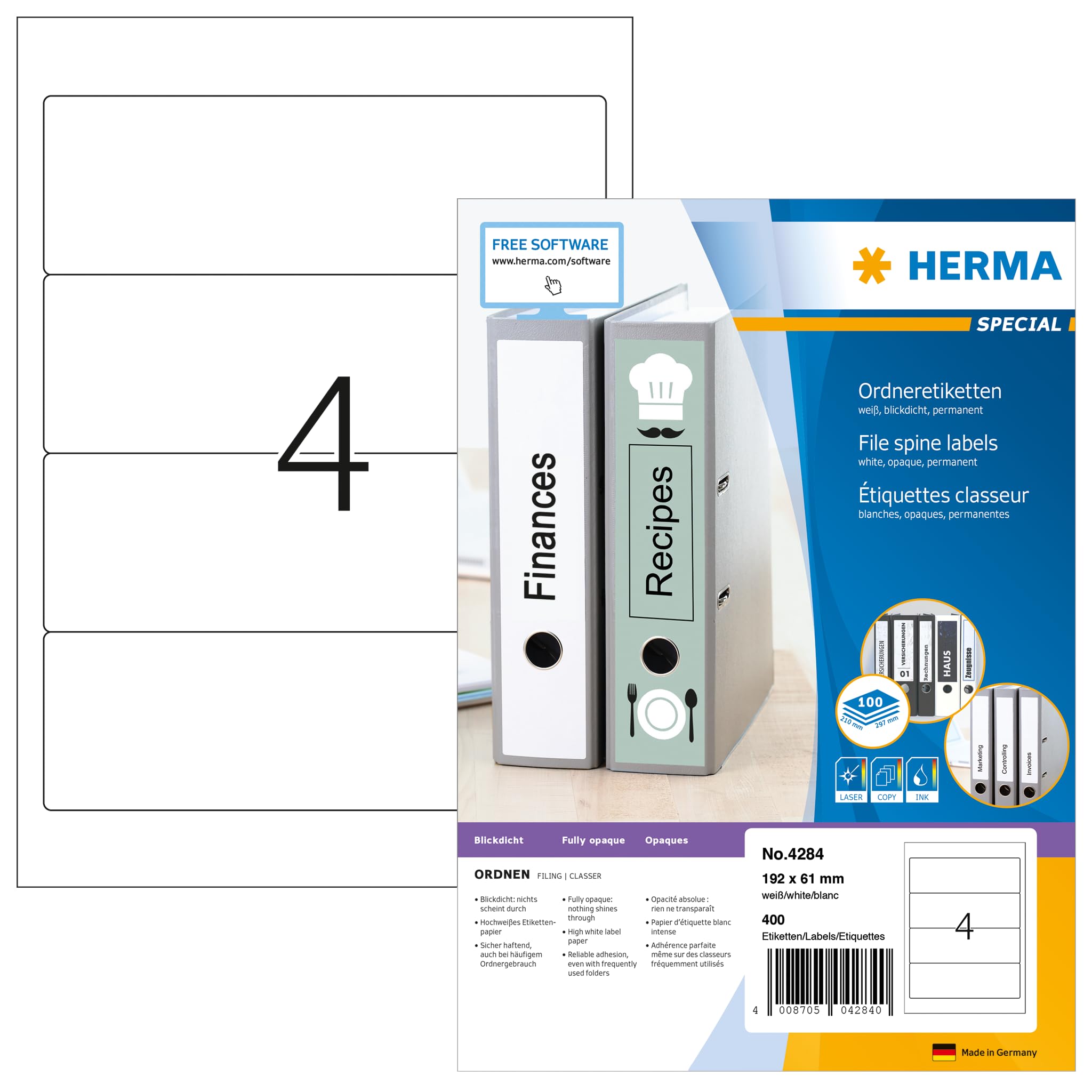 HERMA Self Adhesive Spine Labels - 4 Labels per A4 Sheet, 100 Sheets (400 Total), 192x61mm, Blank Lever Arch File Folder Stickers - Compatible with Laser & Inkjet Printers - White - Perfect for Office Organization, File Sorting & Document Management