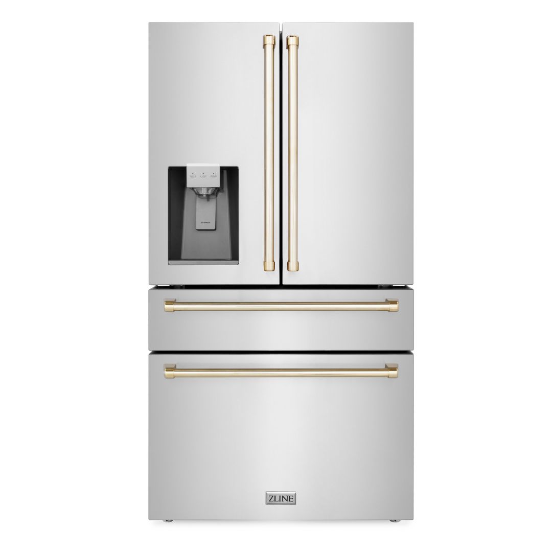 ZLINE Autograph Edition 36 Inch Counter Depth French Door Refrigerator - 21.6 cu ft Capacity, Fingerprint Resistant Stainless Steel with Polished Gold Handles, Built-in Water & Ice Dispenser (RFMZ W 36 G) - Perfect for Modern Kitchens, Entertaining & Luxury Home Appliances