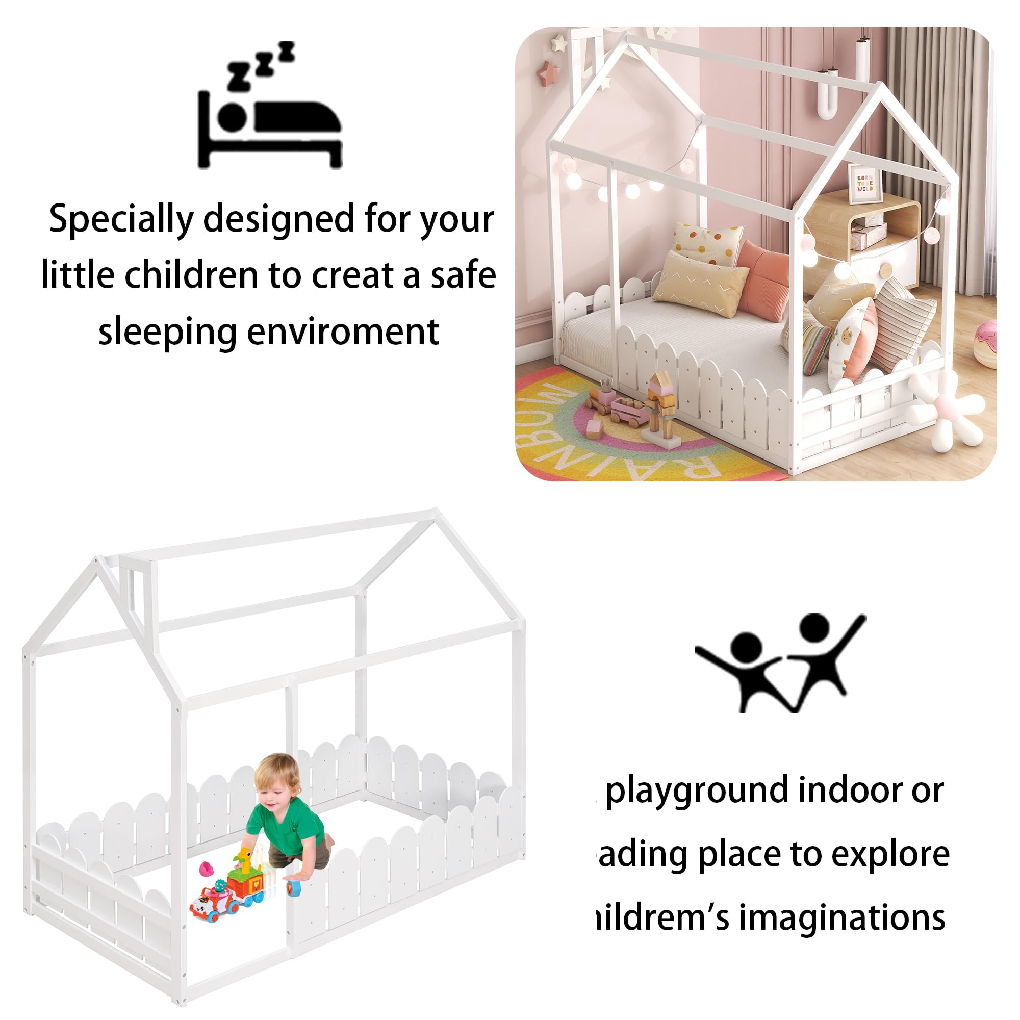 Harper & Bright Designs Twin Floor Bed for Kids - Wood Montessori Bed with Safety Rails - Low Profile House Bed for Toddlers, Girls & Boys (Twin Size, White) - Perfect for Montessori Bedrooms, Nursery Rooms & Kids' First Big Bed
