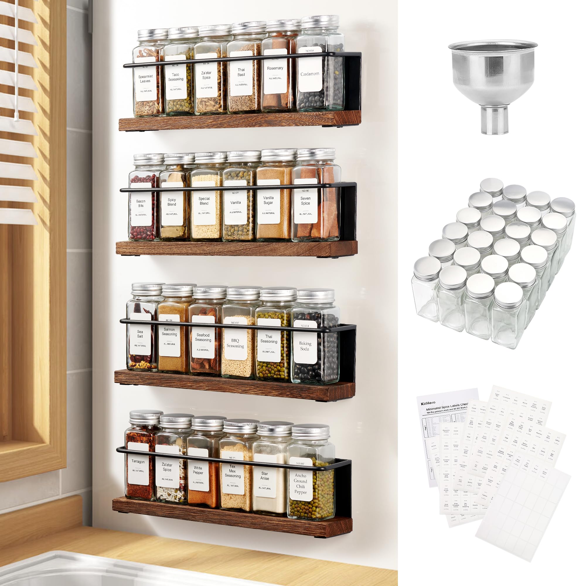 Premium Magnetic Spice Rack Set - 24 Glass Jars with 216 Custom Labels & Steel Funnel - Space-Saving Spice Organizer for Refrigerator, Microwave, Kitchen Cabinet - Perfect for Home Cooking & Baking Organization