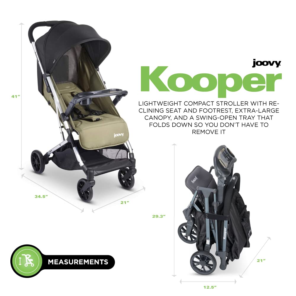 Joovy Kooper Lightweight Baby Stroller - Removable Swing-Open Tray, Big Wheels, Reclining Seat with Footrest, Extra-Large Canopy | Compact Fold for Travel & Daily Use | Perfect for Newborns to Toddlers (Olive Green)