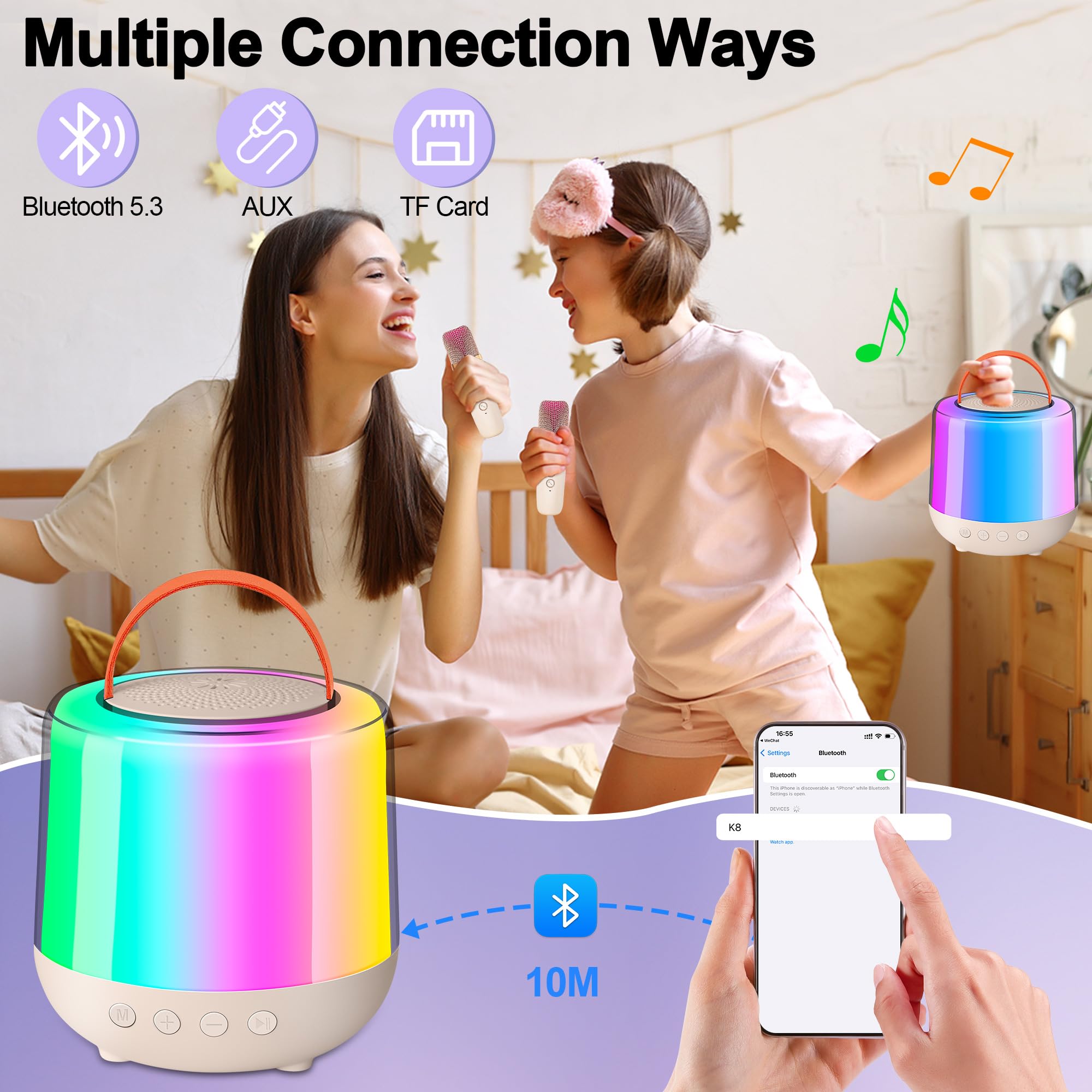 DeeprBling Mini Karaoke Machine with 2 Wireless Microphones, Portable Bluetooth Speaker with LED Lights, Kids Karaoke Machine with Voice Change Effects - Perfect for Birthday Gifts, Family Parties & Children's Singing Fun