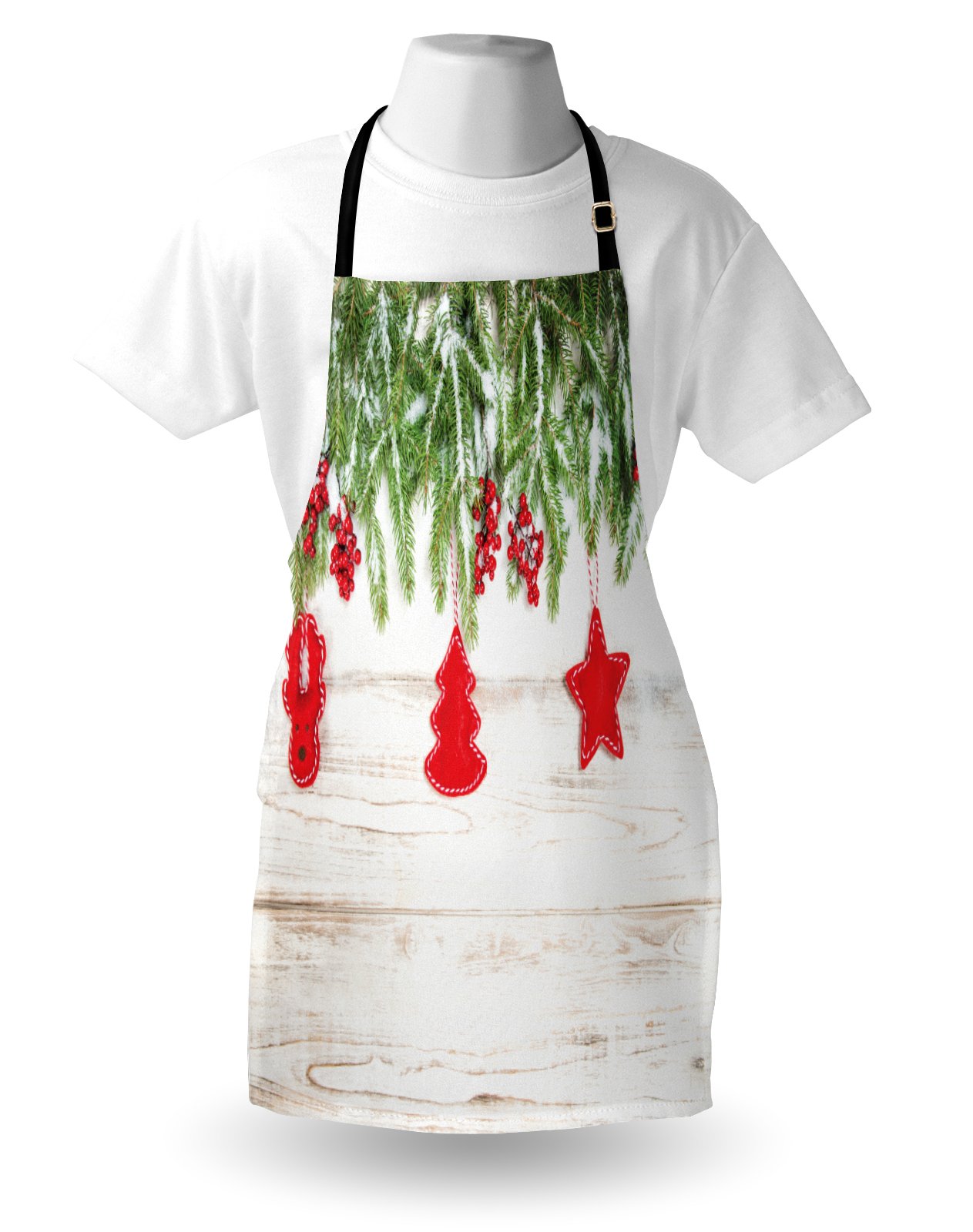 Ambesonne Christmas Apron - Rustic Noel Tree Branches with Ornaments & Berries Print, Adjustable Unisex Kitchen Bib for Cooking, Baking & Holiday Decorating, Adult Size Beige & Red - Perfect for Holiday Cooking, Gift Wrapping & Festive Home Decor