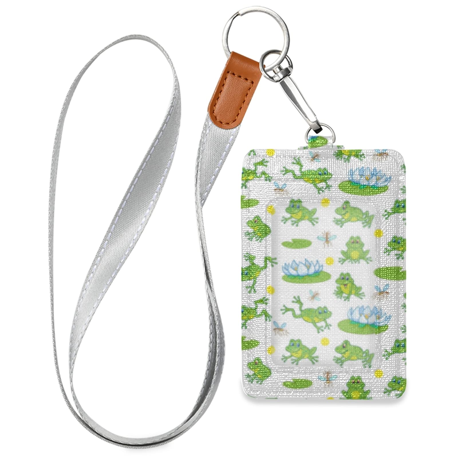 PU Leather ID Badge Holder with Lanyard & Key Ring - Cute Frog Design for Work & Events
