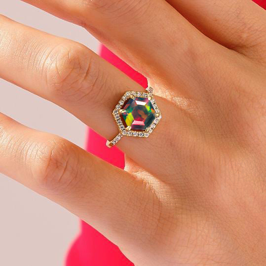 Hexagon Shaped Natural Black Opal Halo Ring for Women - Elegant Wedding, Engagement & Anniversary Jewelry Gift