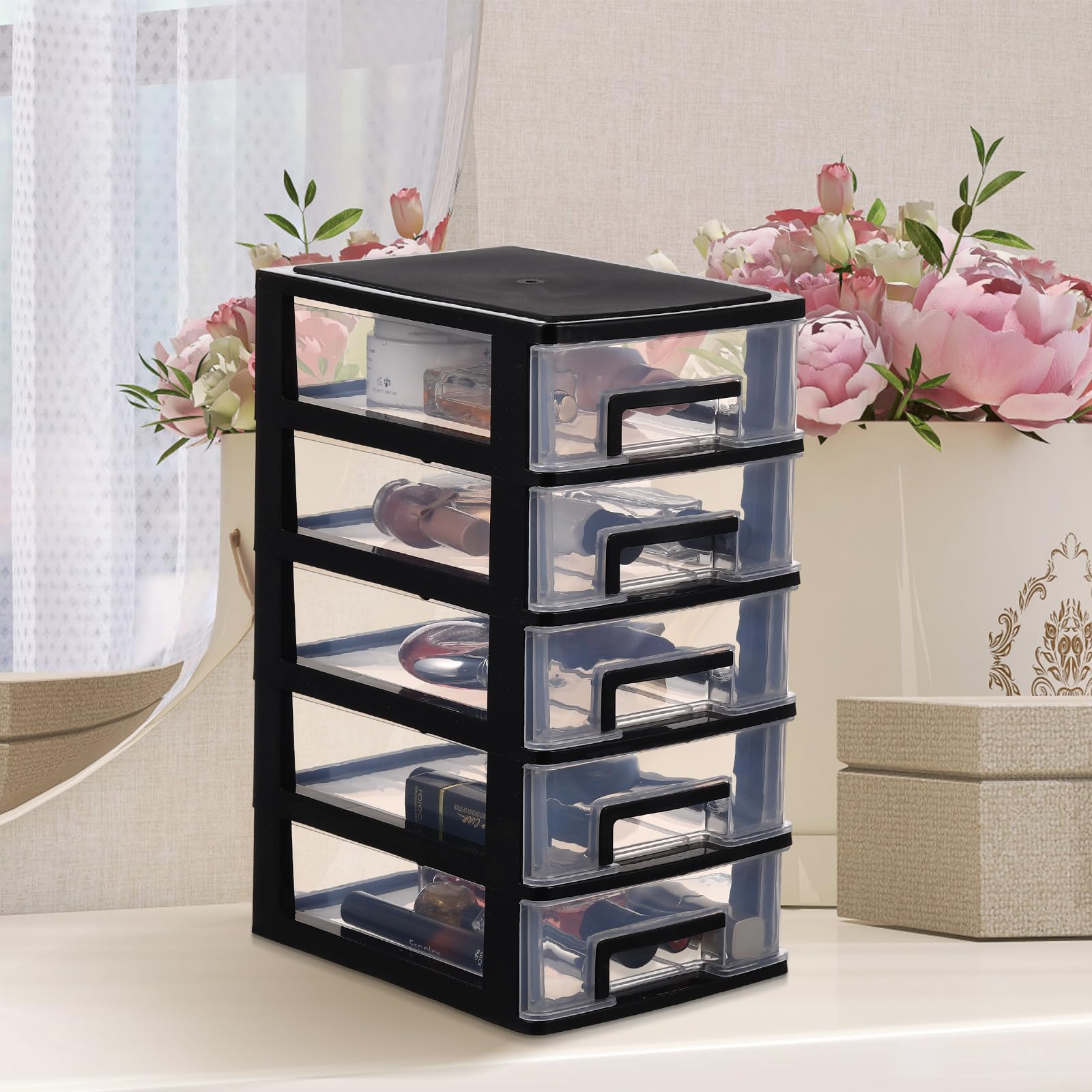 5-Tier Plastic Storage Drawer Cabinet - Portable Transparent Organizer for Closet, Desktop & Home Organization (Black, 5.9x8.3x12.3in) - Perfect for Office Supplies, Crafts, Makeup & Small Item Storage