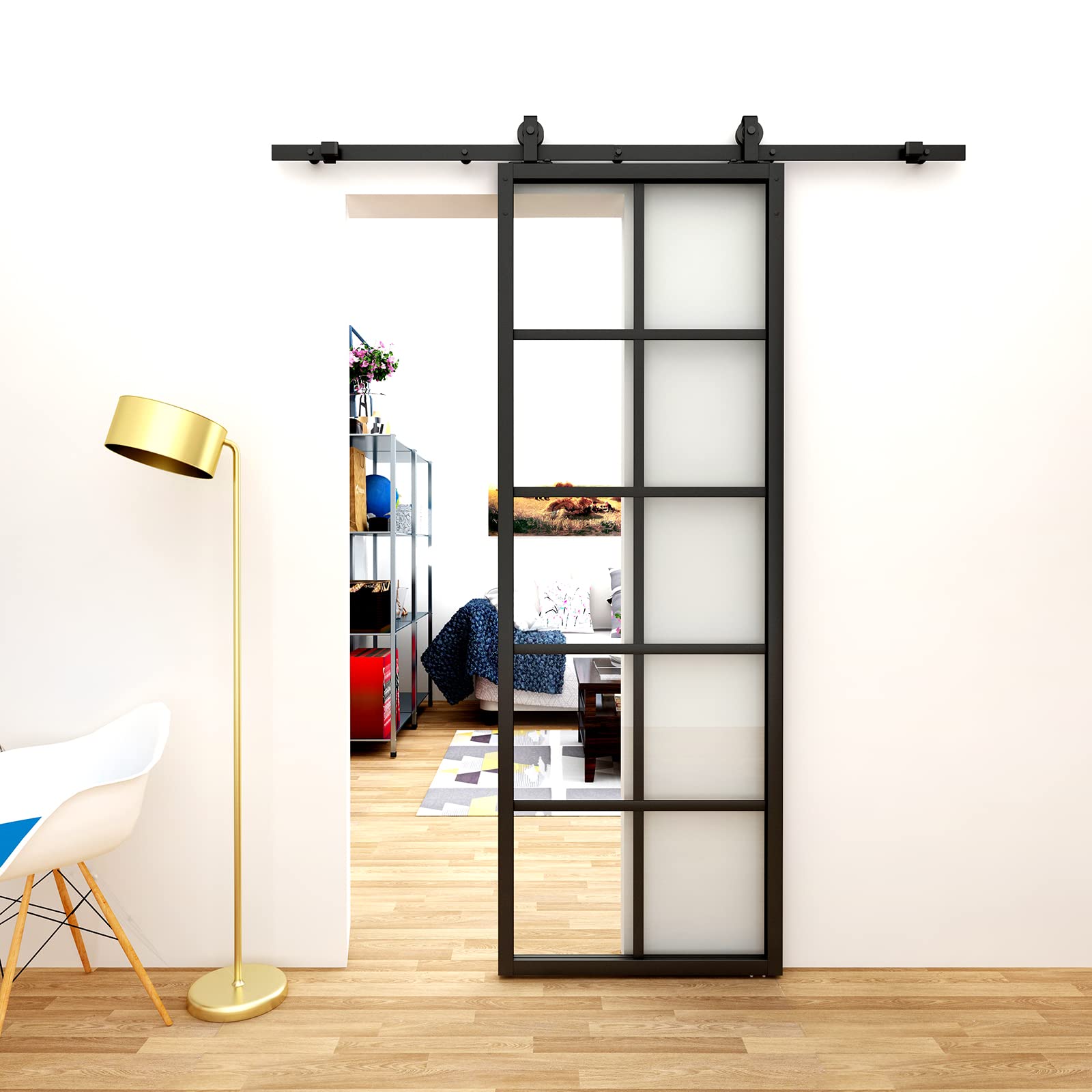 JUBEST 30x84 Inch DIY Glass Sliding Barn Door - Modern French Style with 5-Lite Clear Tempered Glass & Aluminum Frame - Easy Assembly for Closet, Kitchen, Bedroom, or Office Partition