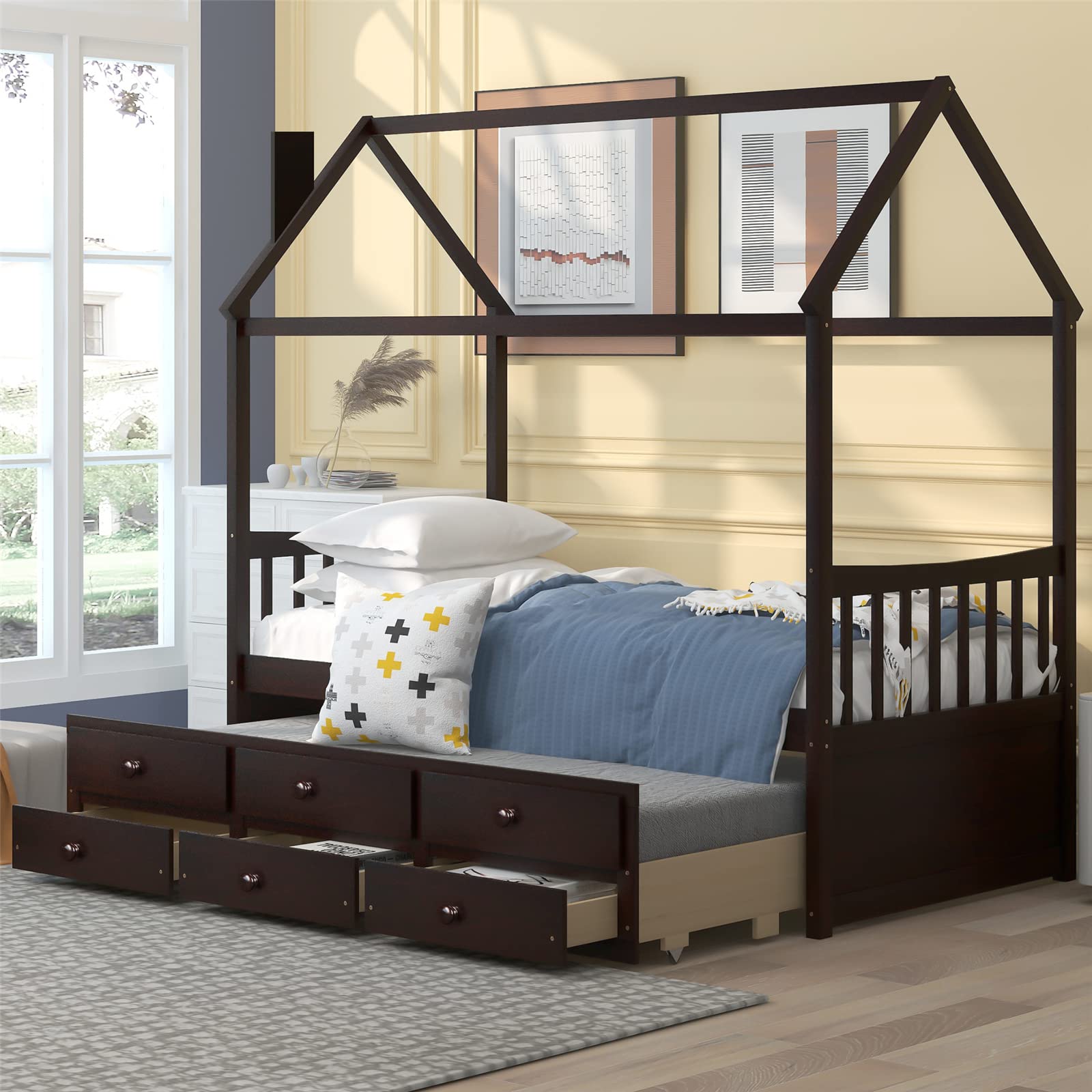Wooden Twin Size House Bed Frame with Trundle, 3 Storage Drawers & Roof - No Box Spring Needed | Perfect for Kids' Bedrooms, Guest Rooms & Small Spaces