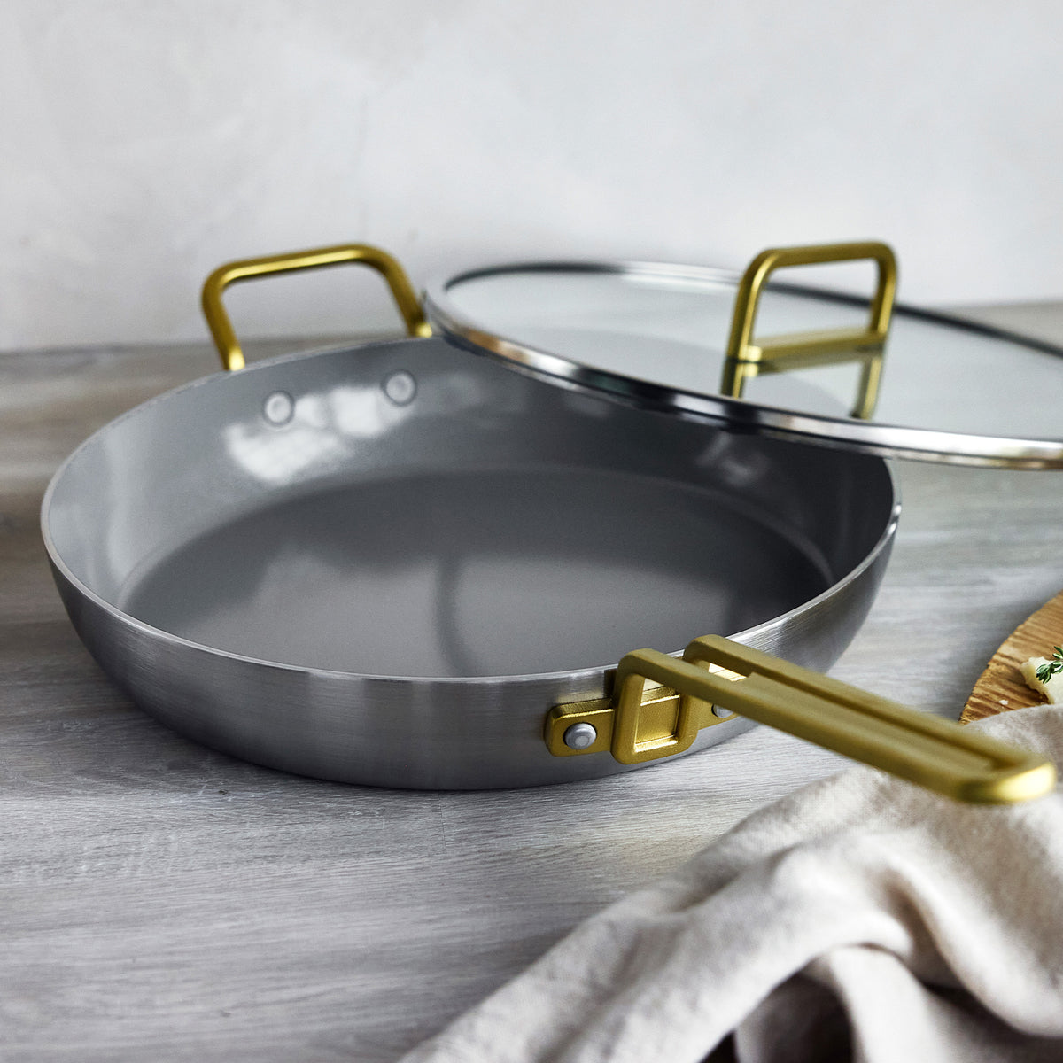 Stanley Tucci™ 12-Inch Stainless Steel Ceramic Nonstick Fry Pan with Lid - Champagne Handle - Perfect for Sautéing, Frying & Cooking Family Meals