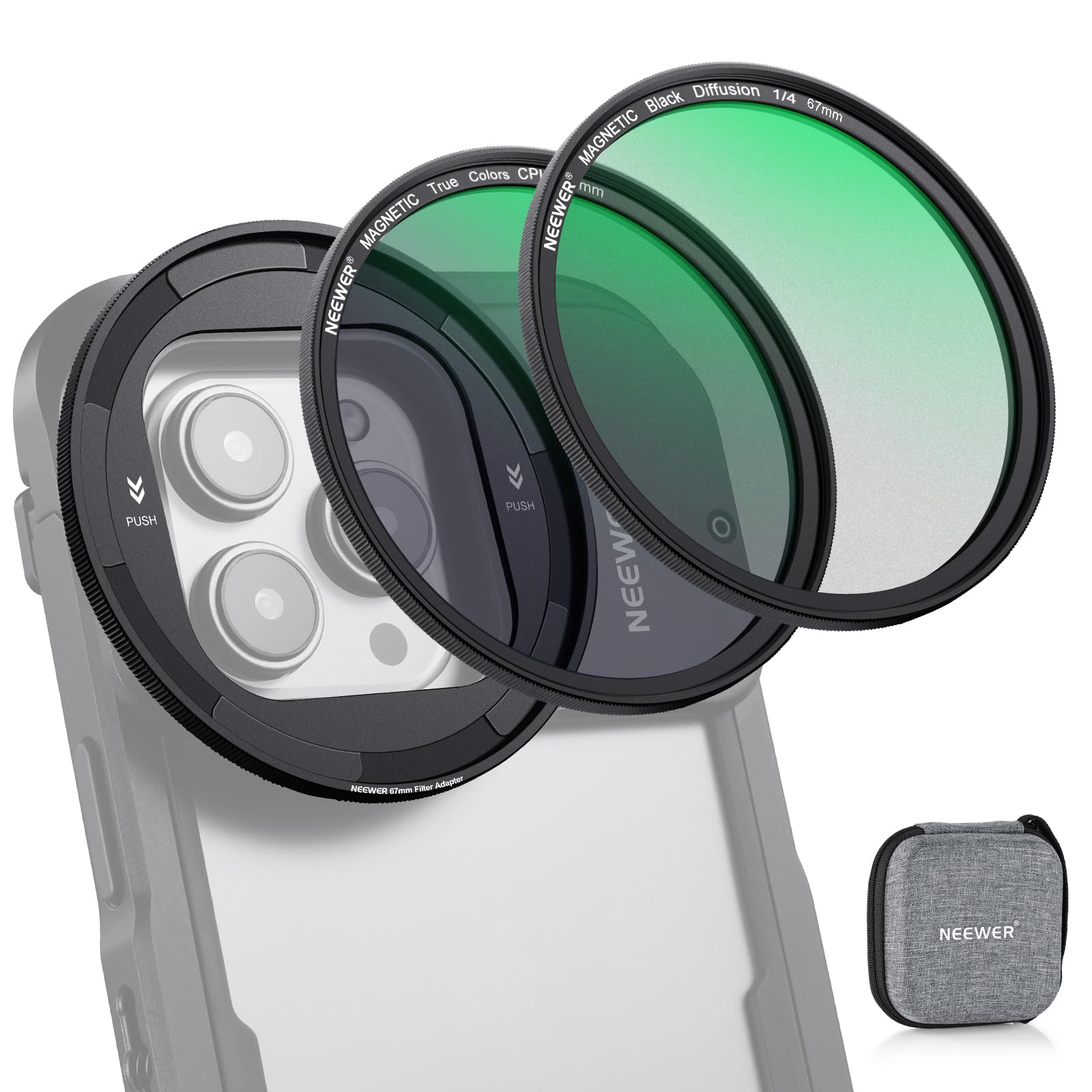 NEEWER 67mm Magnetic Lens Filter Kit - Snap On Magnetic Adapter Ring for iPhone 15 Pro/Pro Max Cages PA023 & PA024 - Includes True Color CPL & Black Diffusion 1/4 Filters (10103582) - Perfect for Vlogging, Photography & Cinematic Video Shooting