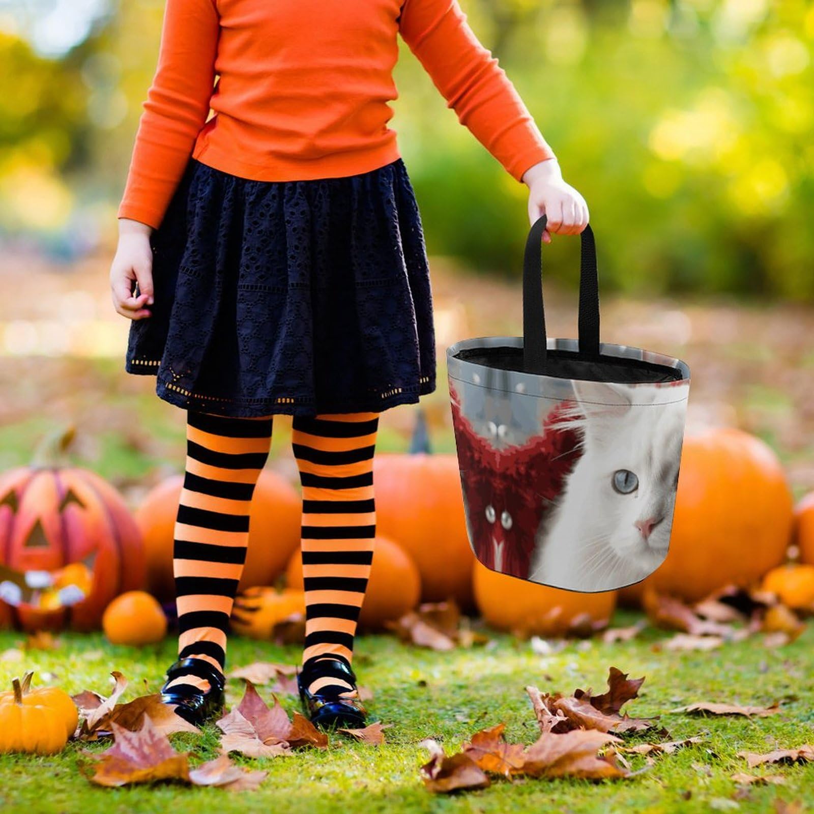 Cute White Cat Halloween Trick or Treat Bags - Reusable Candy Bucket with Handles for Kids, Halloween Party Favors & Supplies - Perfect for Trick-or-Treating, Halloween Parties & School Events