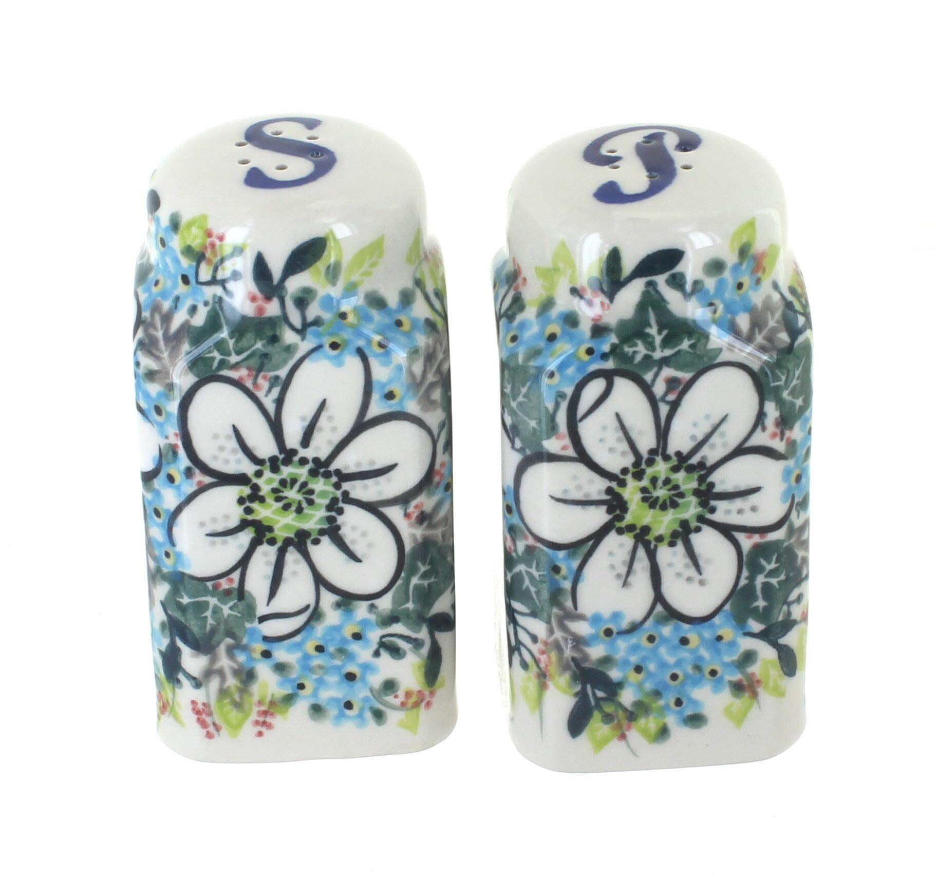 Blue Rose Polish Pottery Ariel Large Salt and Pepper Shakers Set - Handmade Ceramic Spice Dispensers for Kitchen, Dining Table, and Gift Giving