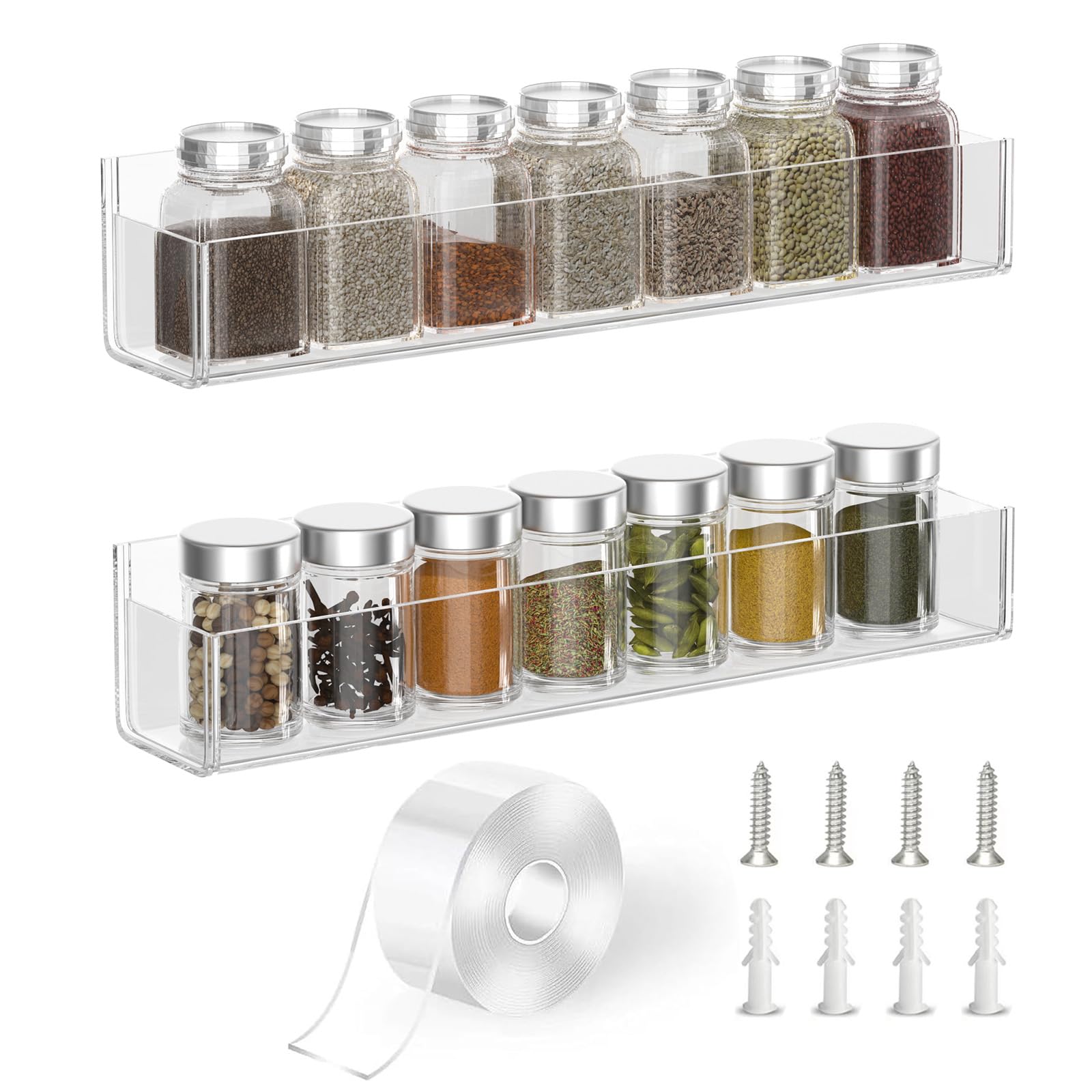 PMMASTO Clear Acrylic Spice Rack Organizer - 2 Pack with Nano Double Sided Tape | Wall Mount Kitchen Cabinet & Pantry Door Storage | Perfect for Spice Jars, Seasoning Bottles & Small Kitchen Essentials
