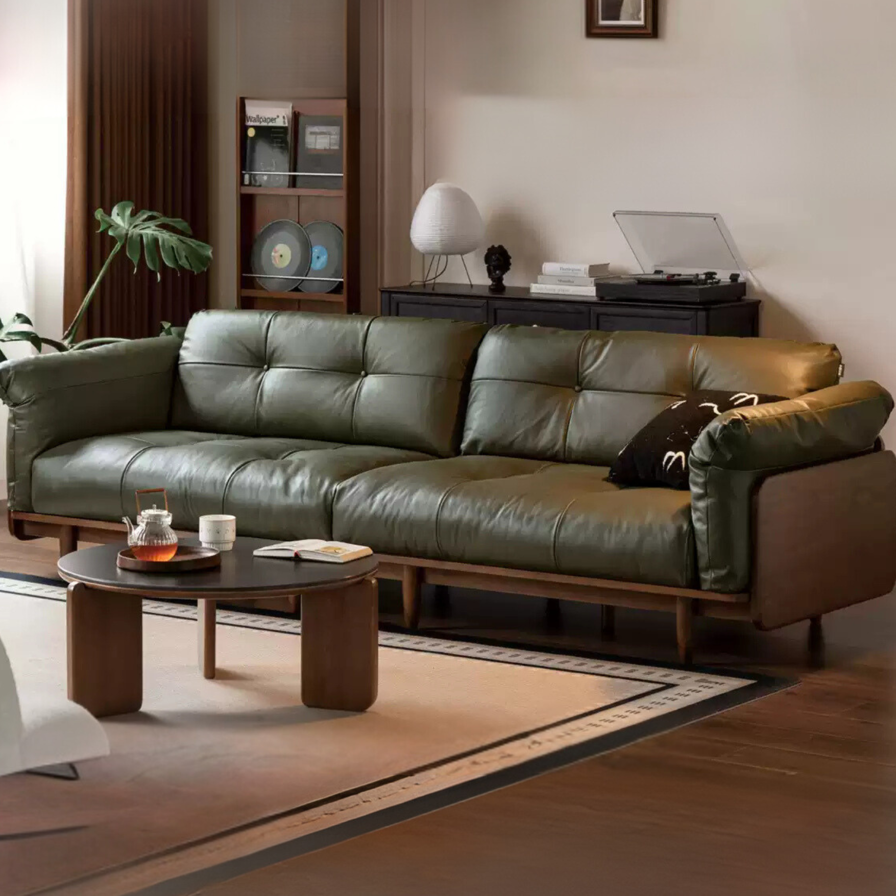 Premium Black Walnut Solid Wood Genuine Leather Sofa - Handcrafted Modern Living Room Furniture for Home & Office Comfort (Ideal for Lounge, Family Room & Luxury Spaces)
