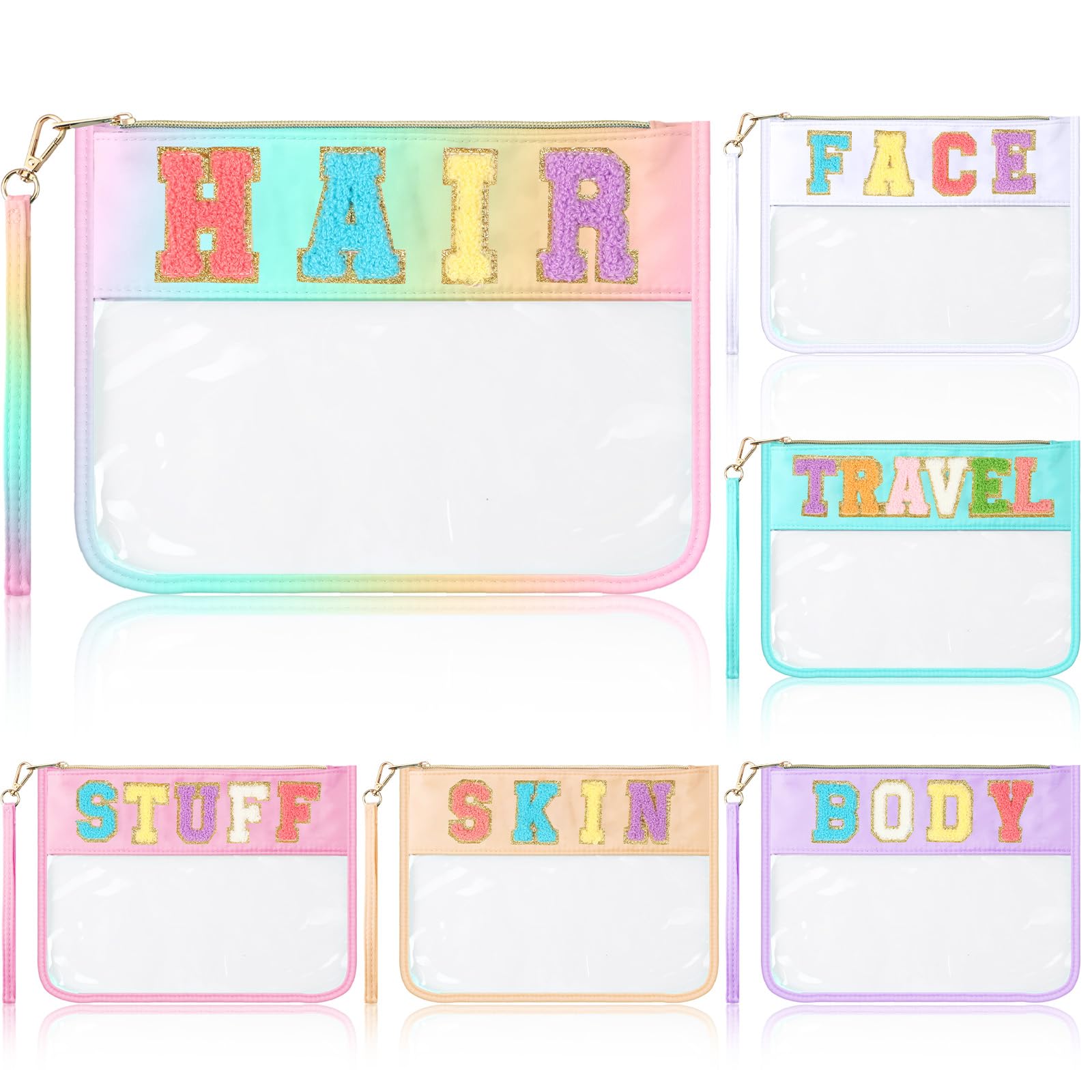 6 Pack Waterproof Clear Zipper Pouch Set - Chenille Letter Cosmetic Bags for Women & Girls | Travel, Gym, Beach, Makeup Organizer | Cute Macaron Colors (6 Colors) | Perfect for School, Vacation & Daily Essentials Storage