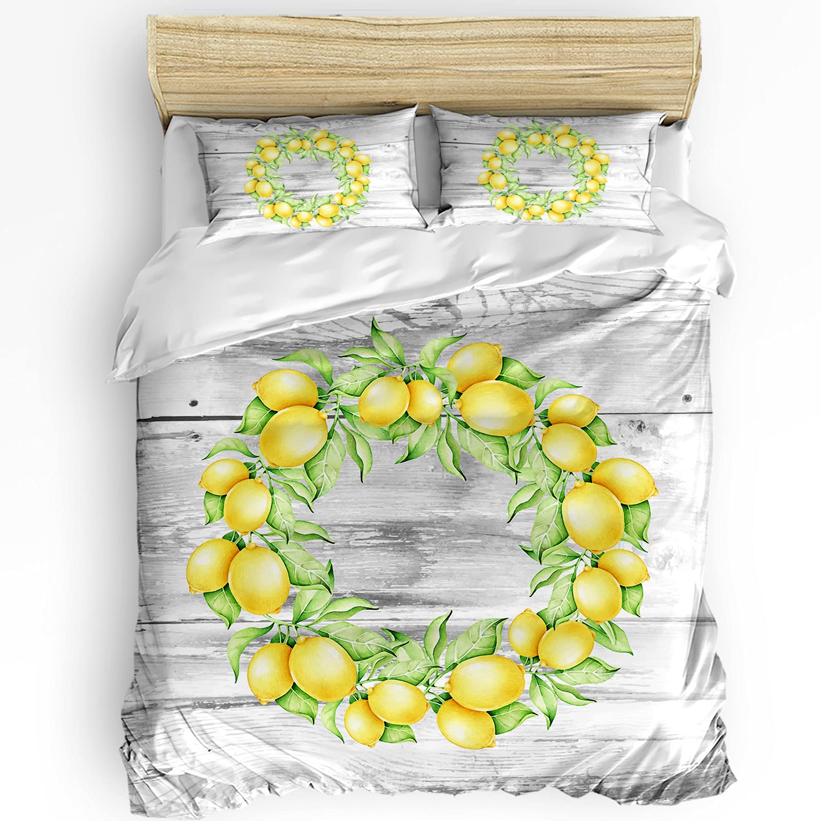 **HELLOWINK 3-Piece Duvet Cover Set Twin Size - Rustic Lemon Wreath Wood Print Comforter Cover with 2 Pillow Shams, Lightweight & Soft, Gray & Yellow - Perfect for Farmhouse, Boho, or Modern Bedroom Decor**