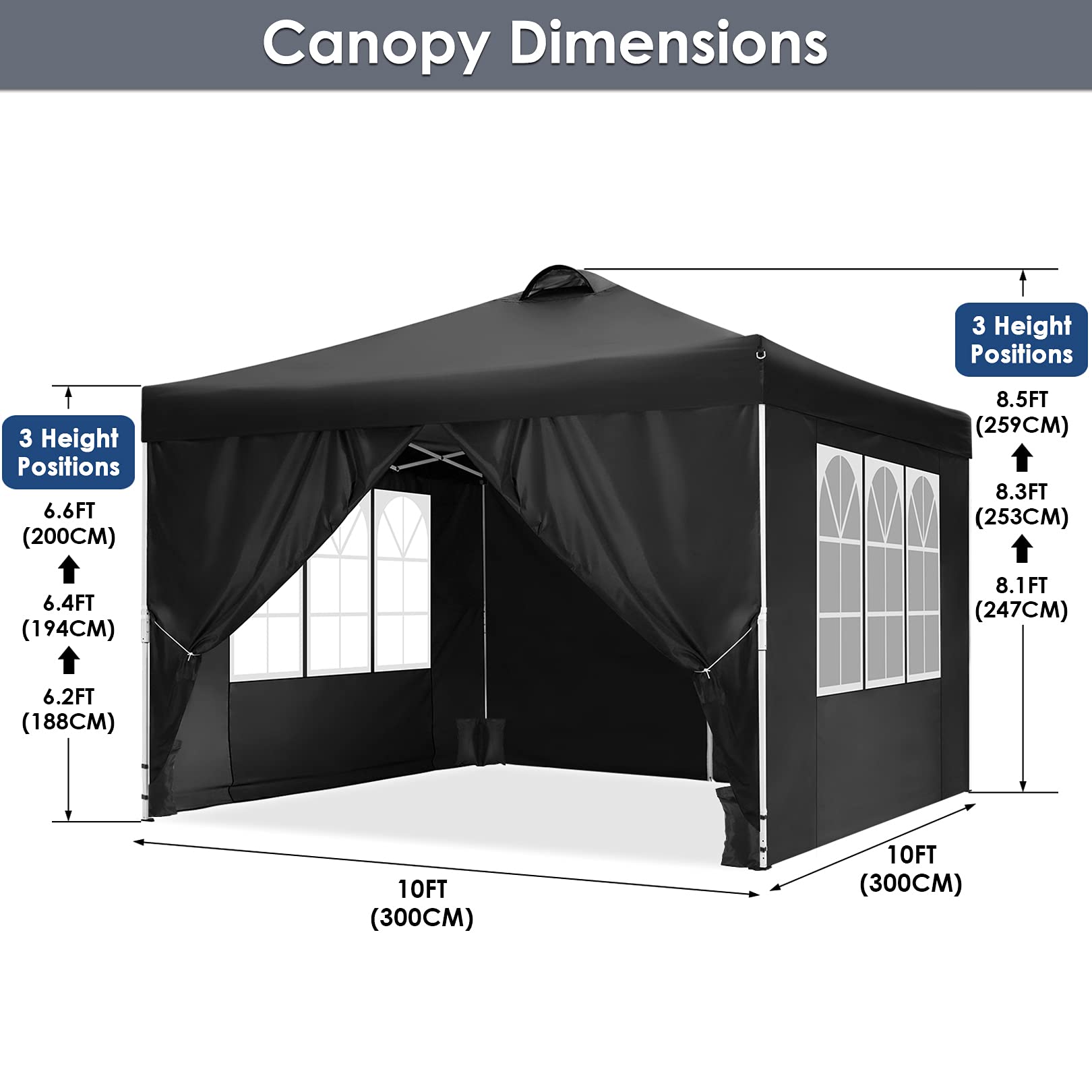 COBIZI 10x10 Pop Up Canopy Tent - Waterproof Instant Gazebo with 4 Sidewalls for Outdoor Events | Perfect for Parties, Patio, Backyard & Commercial Use | Includes 4 Sandbags, 8 Ropes & 4 Stakes (Black)