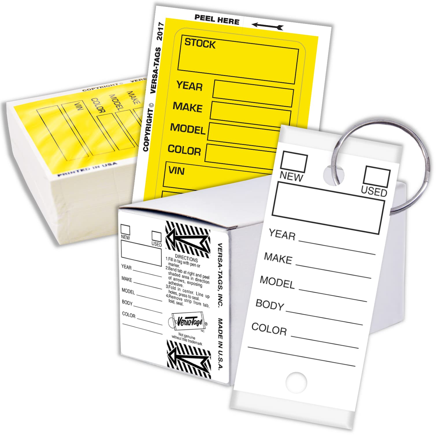 Versa-Tags 250 Key Tags with Rings & 100 Kleer-Bak Window Stickers - 3-Piece Car Dealer Inventory Management System (Yellow & White) | Perfect for Auto Dealerships, Property Management & Retail Key Organization