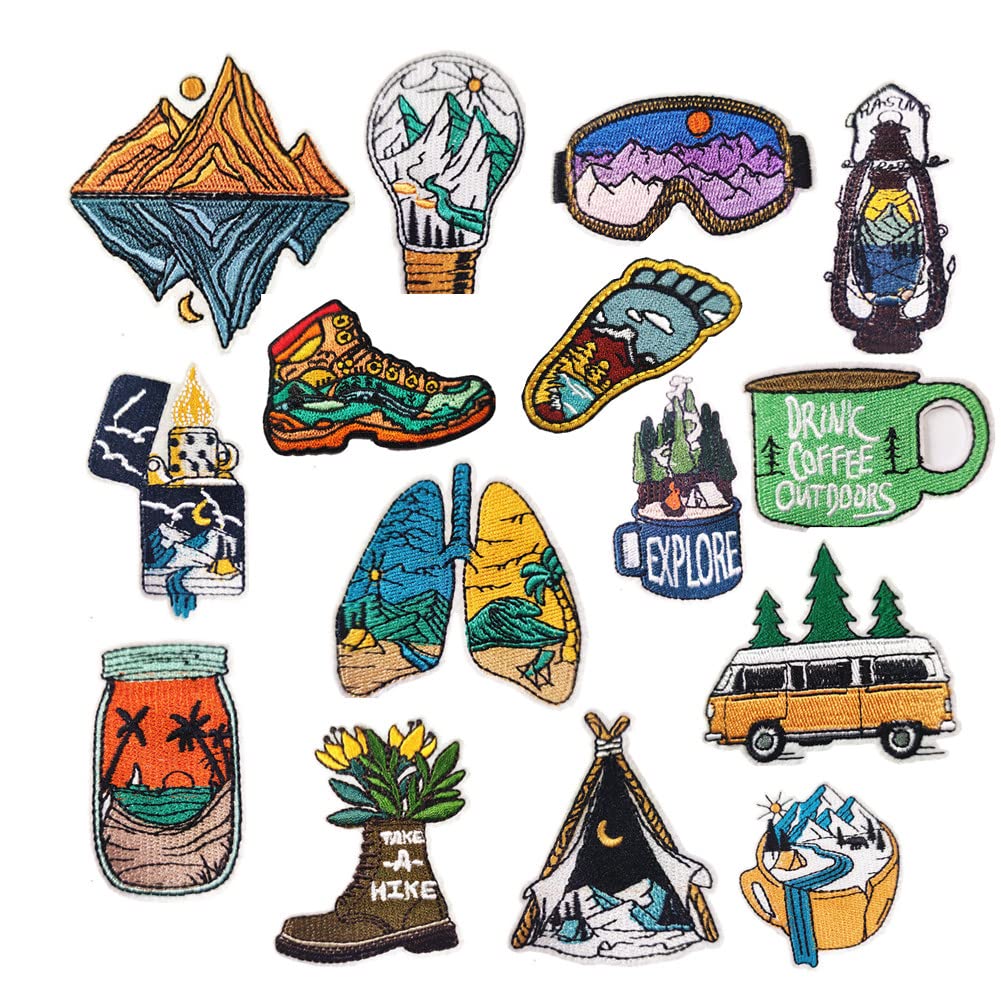Ulricar 15PCS Wilderness Landscape Iron-On Patches for Jackets & Clothing - DIY Outdoor Adventure Embroidery Badges (Blue) - Perfect for Hiking Gear, Backpacks, Denim & Outdoor Apparel Customization