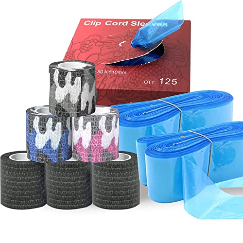 Gakonp 125PCS Grip Tape with Clip Cord Sleeves - Blue Plastic Cord Protectors, 6PCS 2''x5'' Self-Adhesive Elastic Bandage Roll, Non-Slip Handle Grip Tube for Sports Equipment, Medical Wraps & DIY Projects