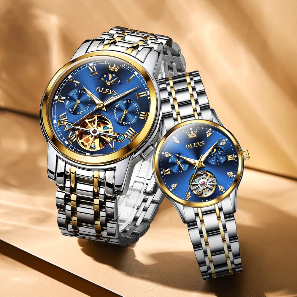 OLEVS Automatic Self-Winding Couple Watches Set - Luxury Matching Mechanical Dress Watches for Men & Women | Perfect Anniversary, Wedding & Valentine's Day Gifts for Him & Her | Elegant Date Night & Formal Occasion Accessories