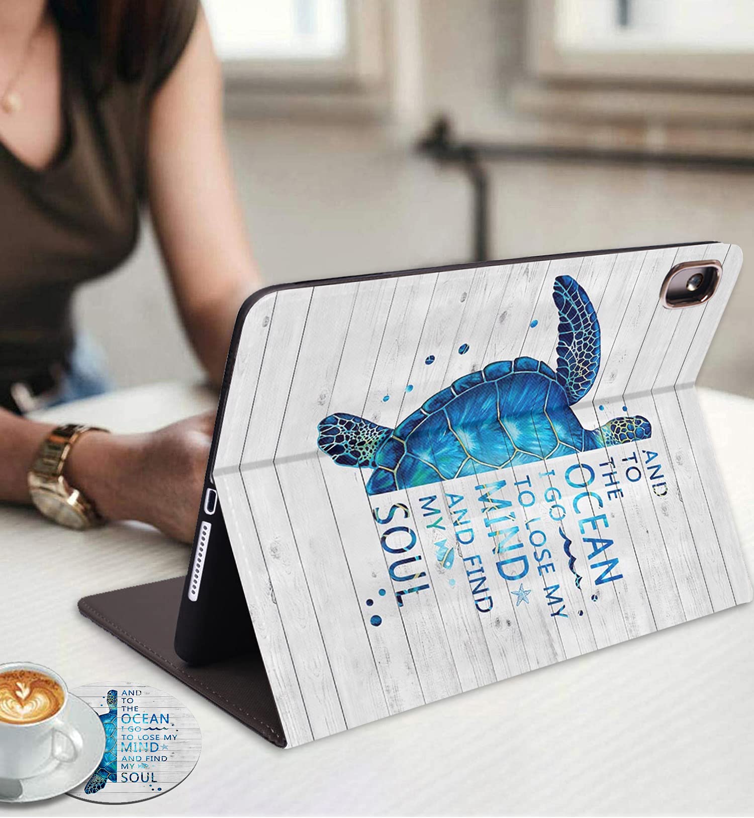 Premium Protective Case for iPad 9.7 (2017/2018), iPad Air 1/2 & iPad 6th/5th Gen - Auto Wake/Sleep Smart Cover with Adjustable Stand | Funny Rustic Wooden Design Featuring Blue Sea Turtle | Includes Bonus Coasters | Perfect for Work, Travel & Home Use