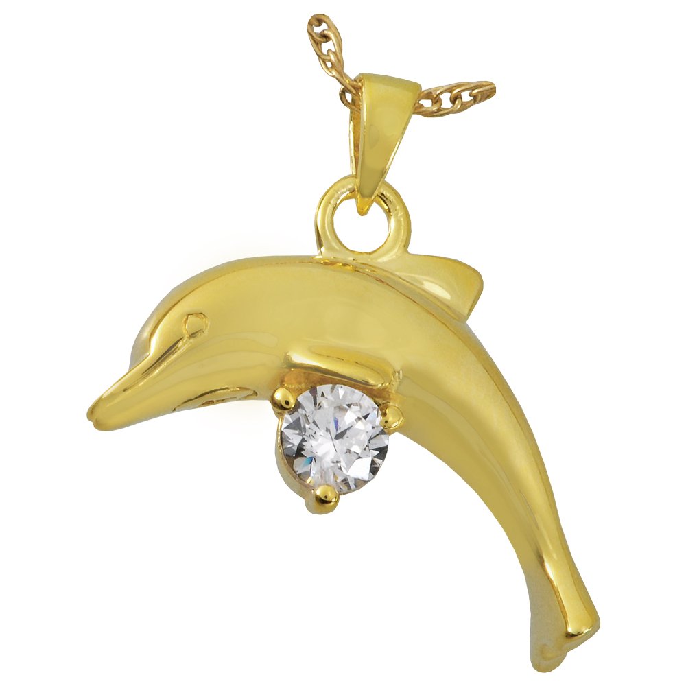 Gold Plated Dolphin Cremation Memorial Jewelry with Stone - Keepsake Urn Necklace for Ashes - Perfect for Pet Loss Remembrance & Healing Gifts