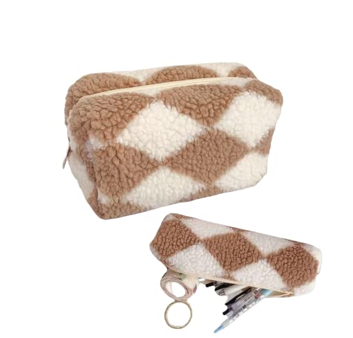 2Pcs Large Capacity Checkered Makeup Bag - Multifunctional Plaid Cosmetic Organizer with Smooth Zipper, Winter Fall Travel Toiletry Pouch for Women & Girls (Light Brown) | Perfect for Travel, School & Daily Makeup Storage