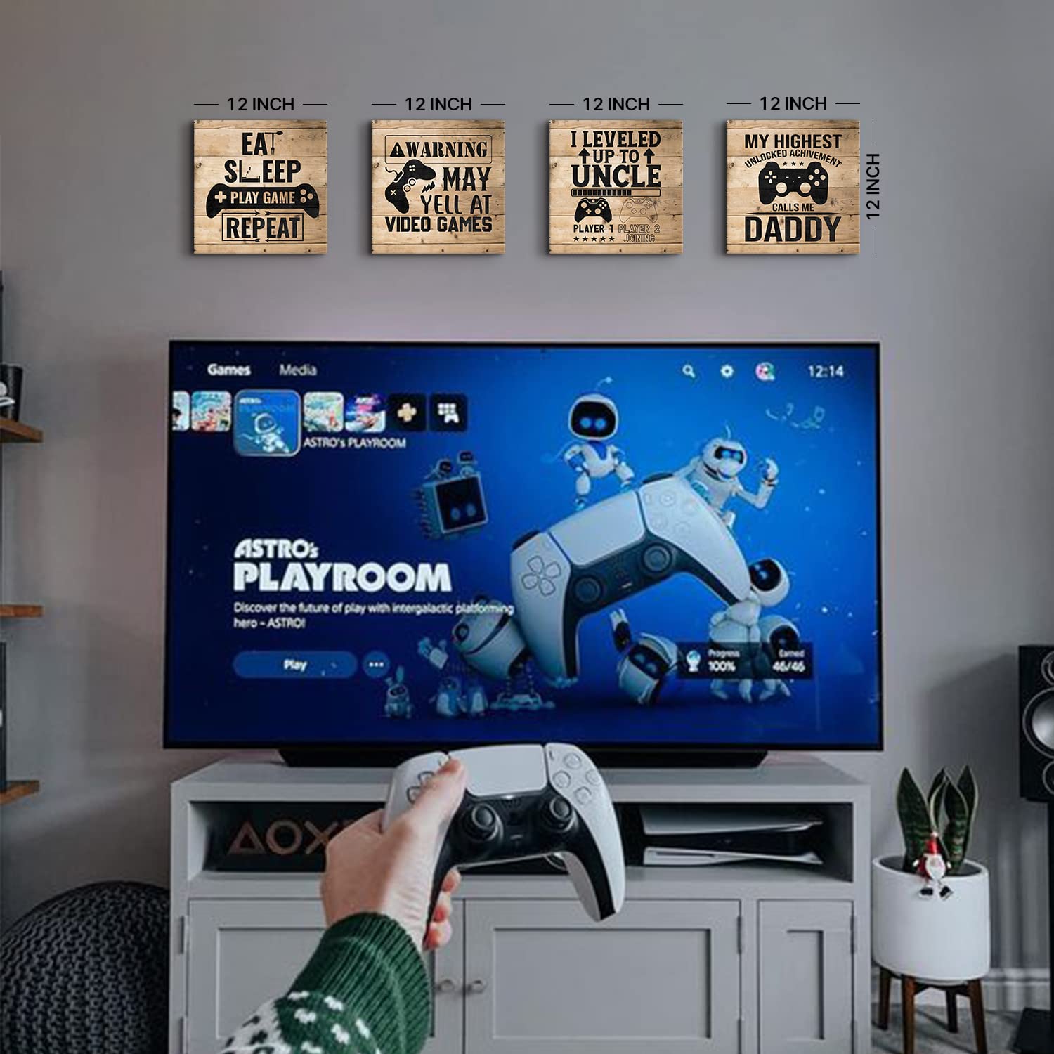 12x12 Inch Gaming Wall Art Set of 4 - Kids Room Decor, Boys Bedroom Canvas Posters, Video Game Themed Nursery Paintings, Farmhouse Style Gamer Playroom Decor - Perfect for Birthday Gifts & Gaming Room Wall Decor