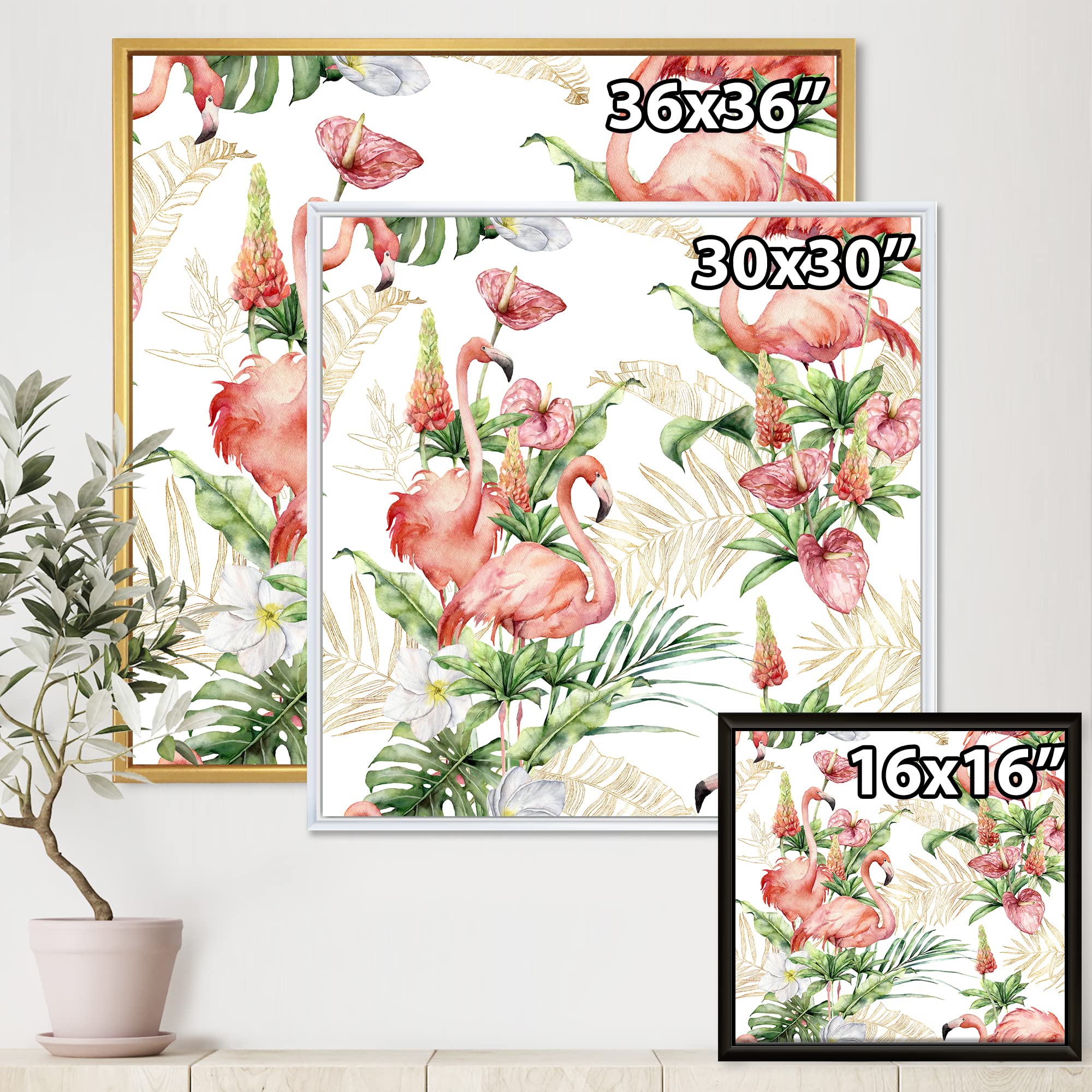 DesignQ Pink Flamingos With Tropical Flowers & Gold Leaves - Traditional Framed Canvas Wall Art Print - Perfect for Living Room, Bedroom & Beach House Decor