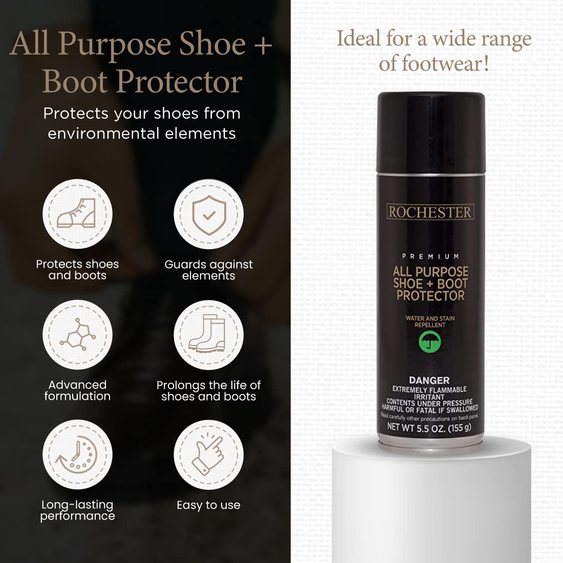 Rochester All-Purpose Shoe & Boot Protector Spray - Waterproof & Stain-Resistant Treatment for Leather, Suede & Nubuck - 5.5 oz Shoe Care Accessories - Perfect for Hiking Boots, Work Shoes & Winter Footwear Protection