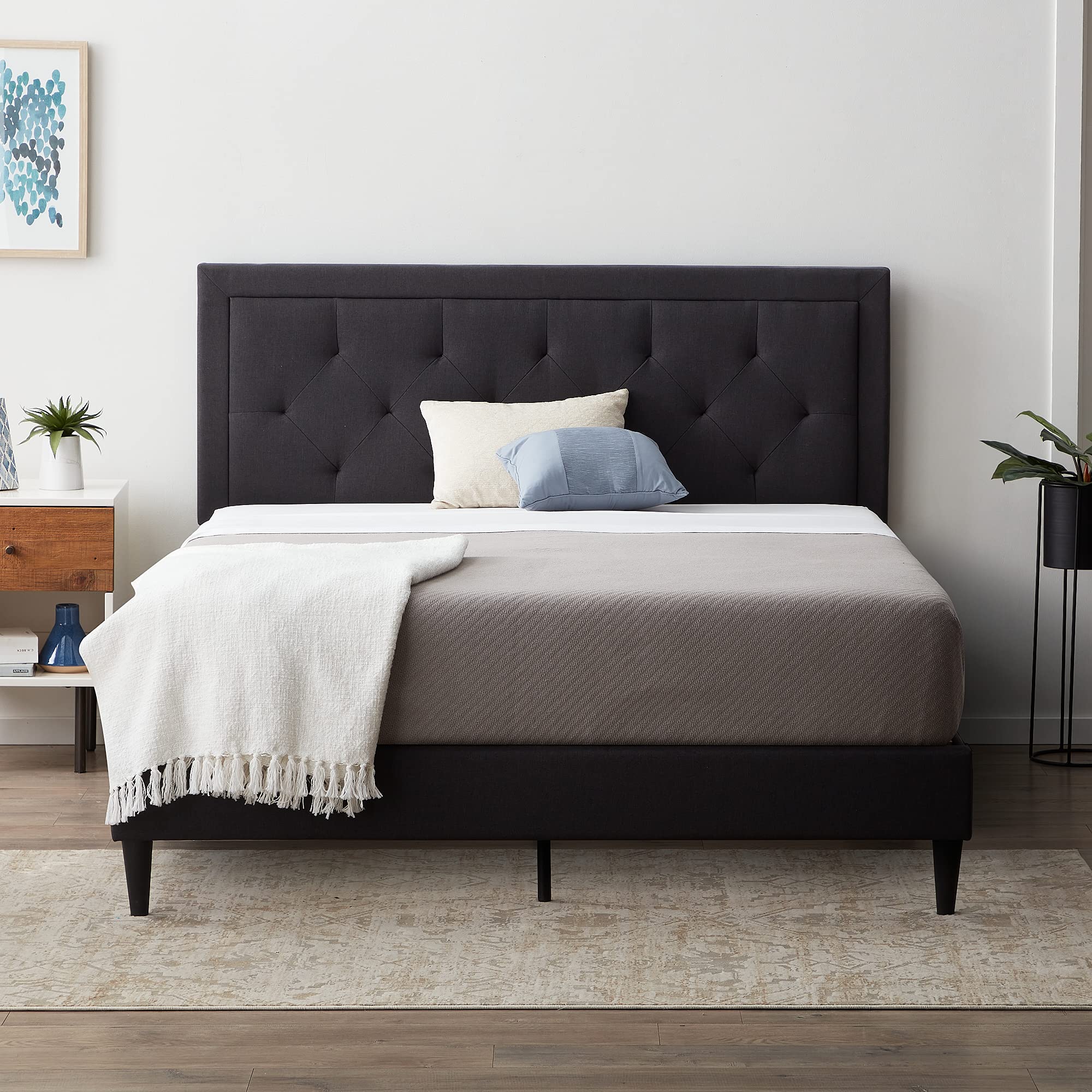 LUCID Full Size Upholstered Platform Bed Frame with Headboard - No Box Spring Needed - Charcoal Grey - Modern Bedroom Furniture for Small Spaces & Guest Rooms
