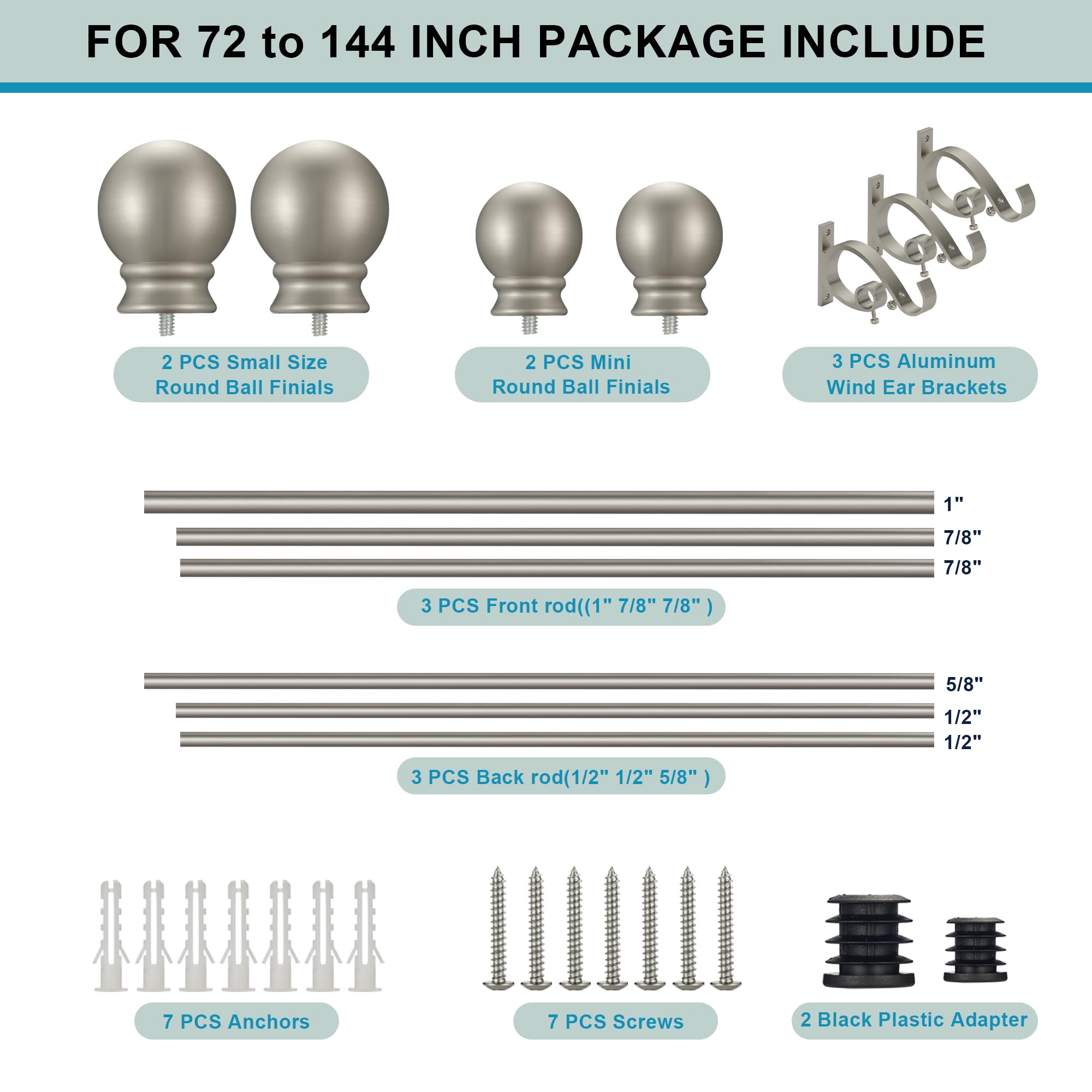Brushed Nickel Double Curtain Rods 72-144 Inch Adjustable - 1’’ Front & 5/8’’ Back Drapery Rod with Round Finials & Aluminum Brackets - Dual Window Rod for Sheer & Blackout Curtains - Perfect for Living Room, Bedroom & Home Decor