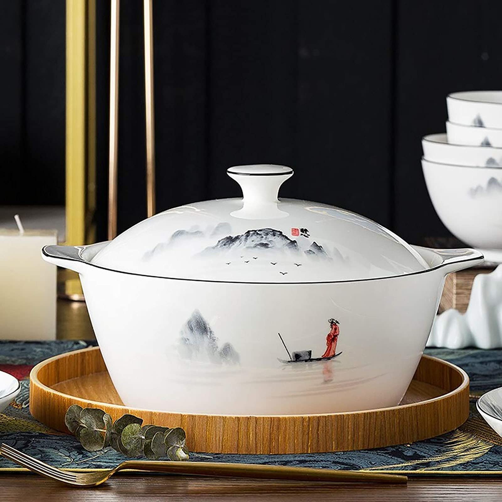 60-Piece Chinese Style Porcelain Dinnerware Set - Antique Ink Painting Design Plates, Bowls, Spoons & Soup Pot - Service for 12 - Elegant Tableware for Family Gatherings, Dinner Parties & Holiday Entertaining