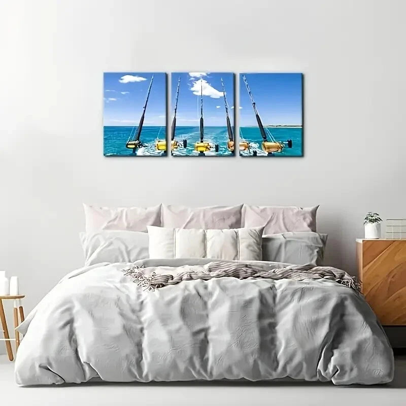 3-Piece Modern Coastal Fishing Rods & Reels Set - Seascape Metal Wall Art Print - Ready to Hang - Perfect for Beach House, Fishing Cabin, or Coastal Home Decor