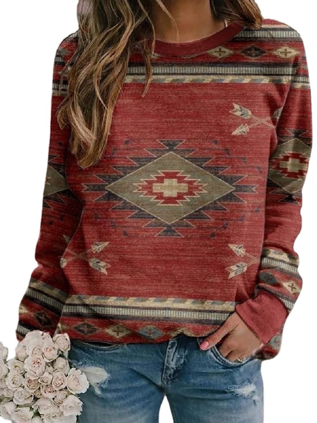 Aztec Sweatshirt Women - Retro Geometric Crewneck for Casual Wear