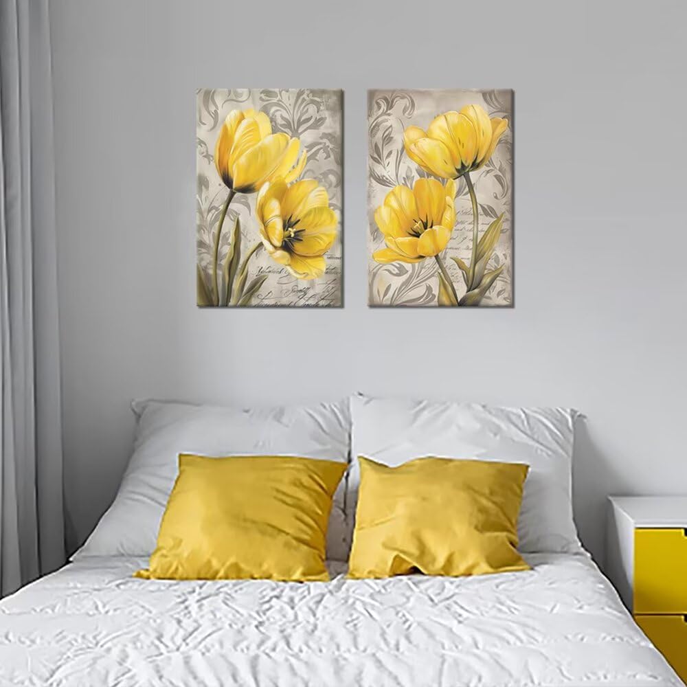Yellow and Gray Tulip Floral Canvas Wall Art - Modern Framed Flower Painting Prints for Living Room, Bedroom & Bathroom Decor (Set of 2) | Perfect for Home Office, Nursery & Wedding Gift