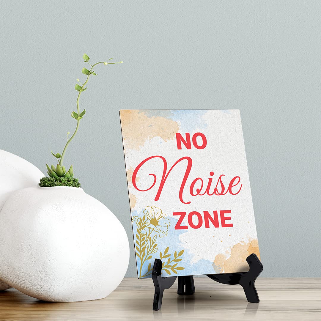 No Noise Zone Sign - Blue Watercolor Table Sign (6x8 Inches) for Quiet Areas, Libraries, Offices & Study Rooms