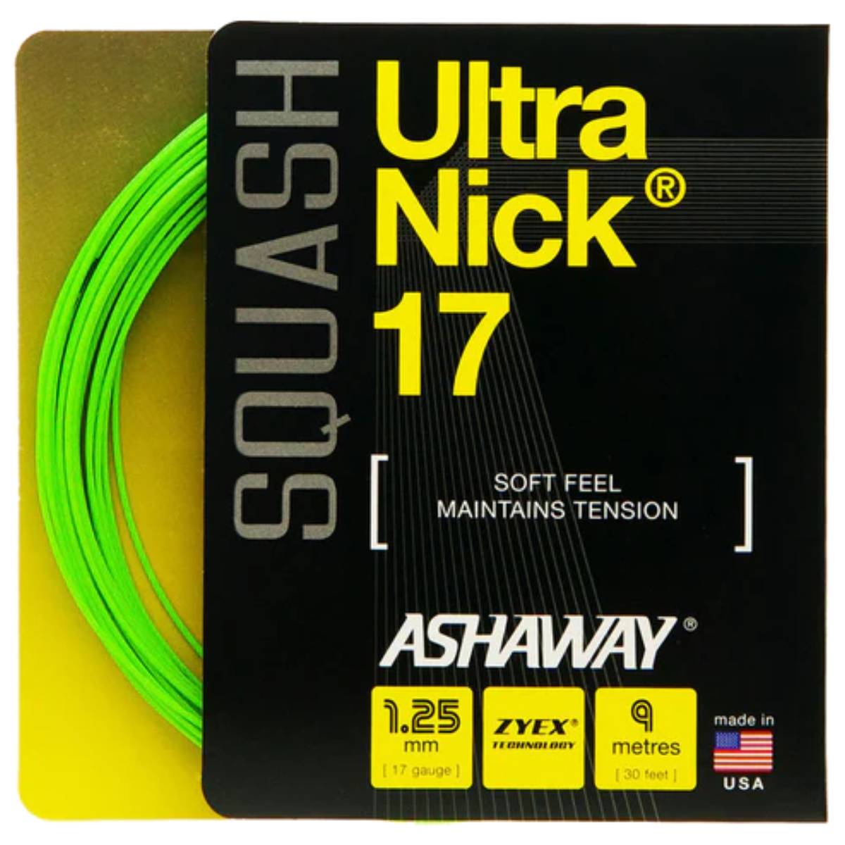 Ashaway UltraNick 17 Squash String (Green) - High Performance Badminton & Squash Racket String for Enhanced Control and Durability - Perfect for Competitive Play and Training Sessions