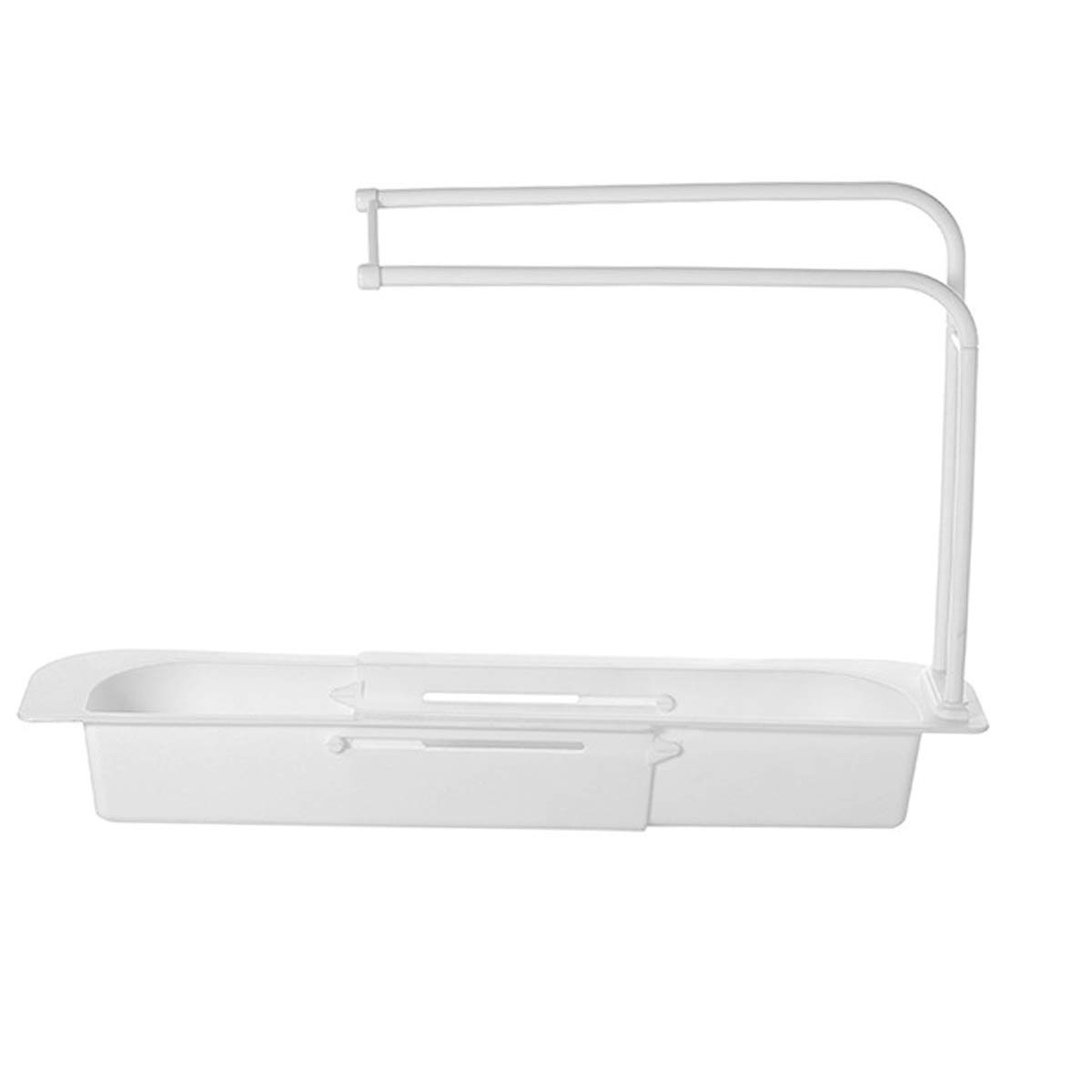 Expandable Sink Drain Basket Rack - Adjustable Sponge & Soap Holder, Kitchen Sink Organizer Tray with Drain Holes, White - Perfect for Home Kitchen Organization & Dishwashing Station