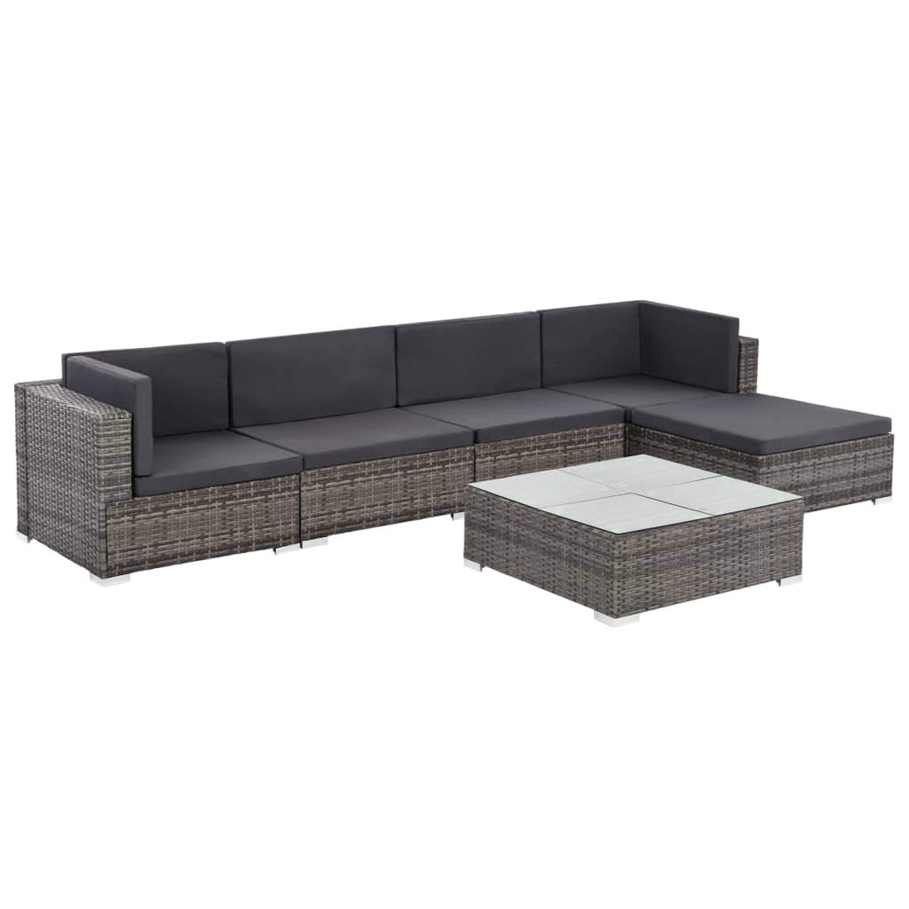 vidaXL 6-Piece Outdoor Patio Dining Set with Space-Saving Rattan Chairs, Glass Table & Cushioned Seating - Gray Sectional Conversation Furniture for Garden, Backyard, and Poolside Relaxation