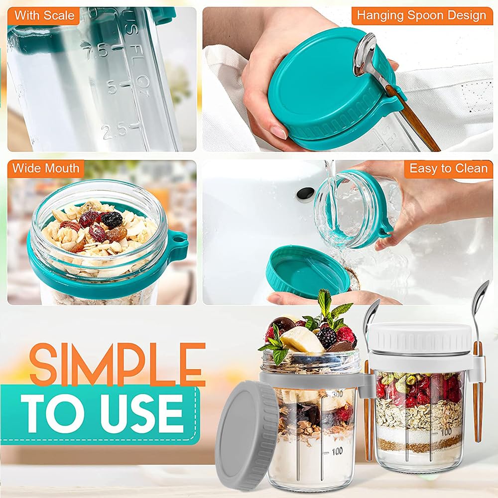 12 oz Glass Mason Overnight Oats Containers with Lids & Spoons - 6 Pack Meal Prep Jars with Measurement Marks for Cereal, Yogurt, Fruit Salad & Healthy Breakfast - Perfect for Office Lunch, Gym Snacks & On-the-Go Meals